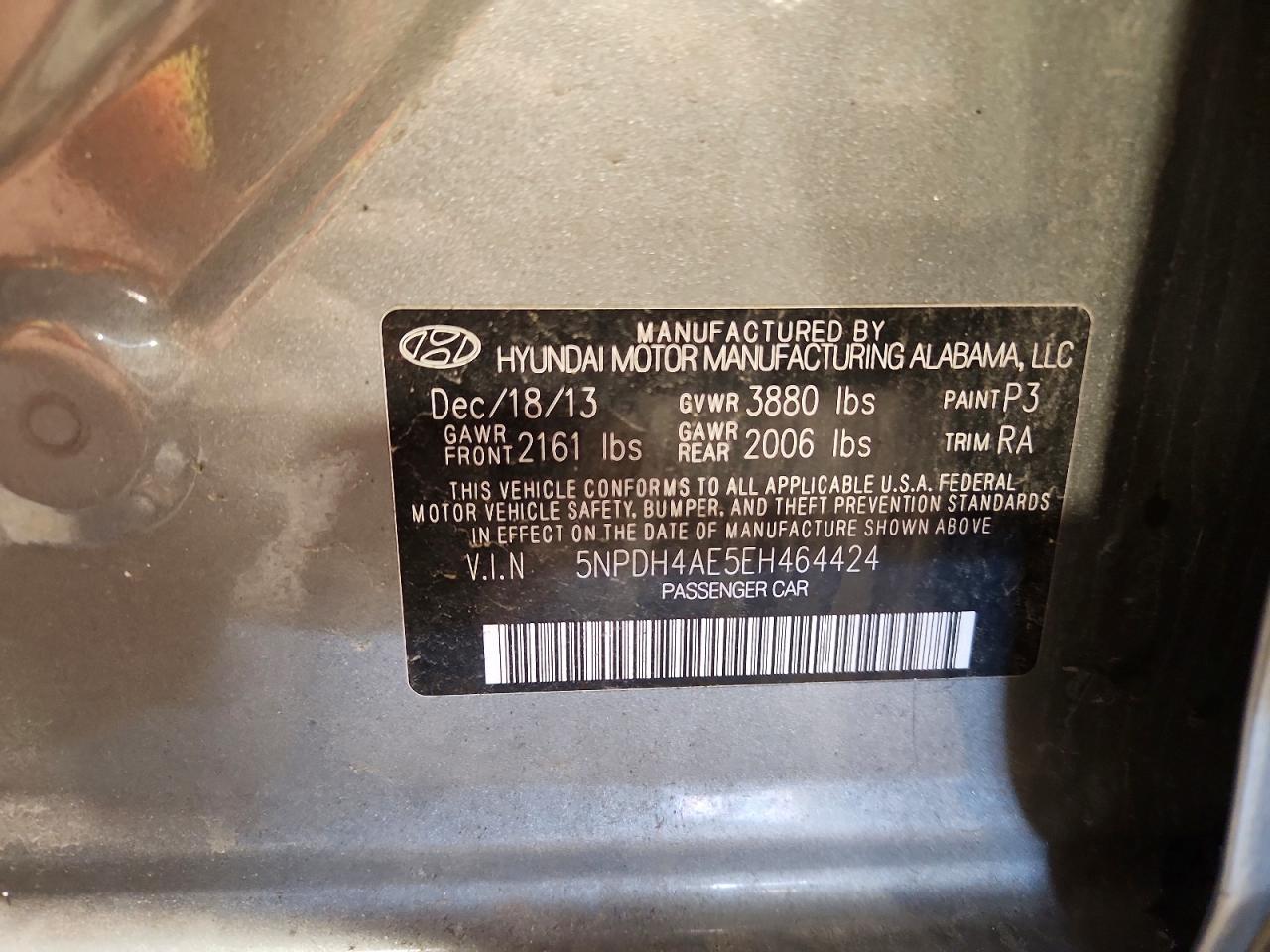 2014 Hyundai Elantra Se Gray vin: 5NPDH4AE5EH464424