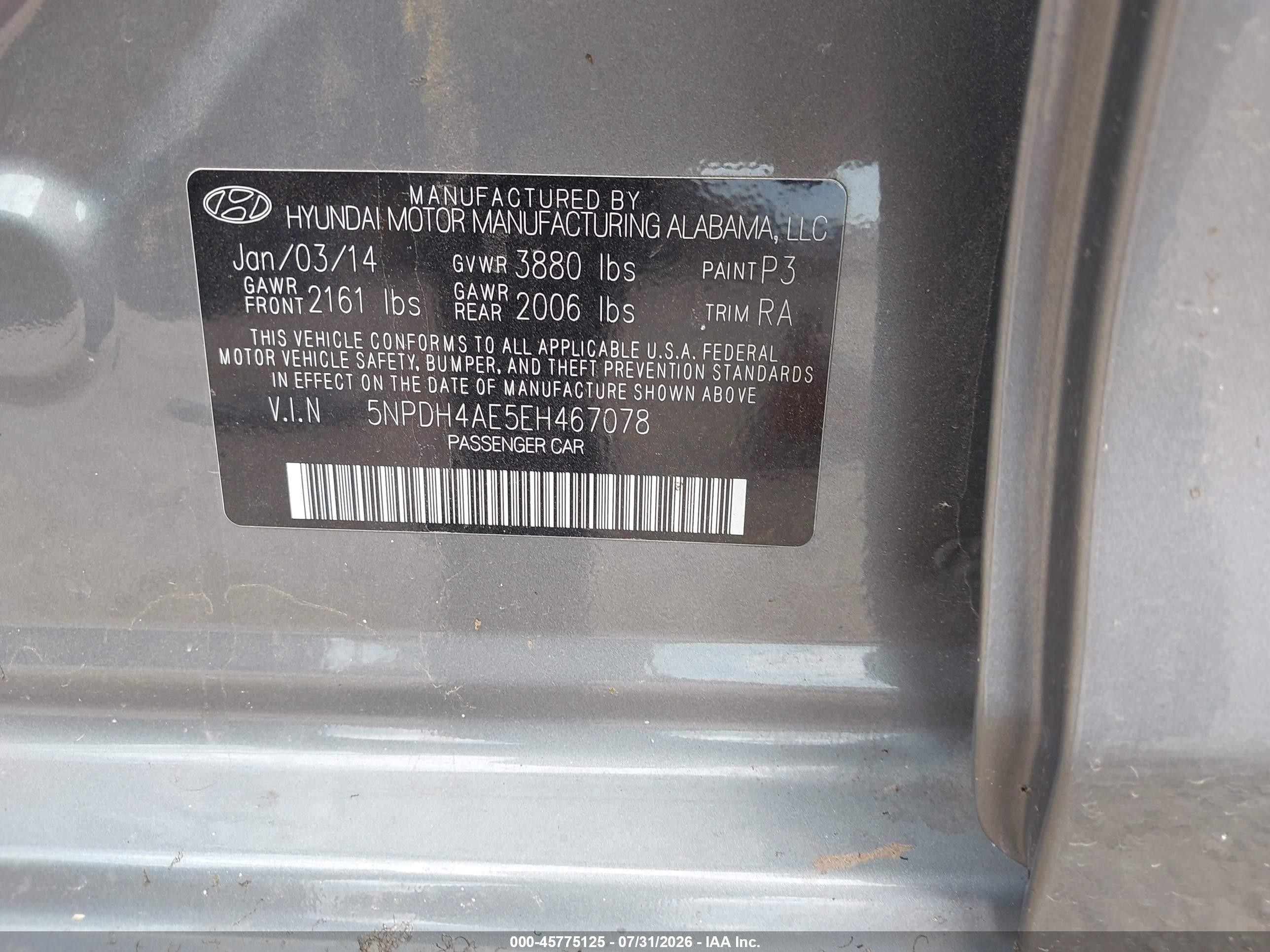 2014 Hyundai Elantra Se Gray vin: 5NPDH4AE5EH467078