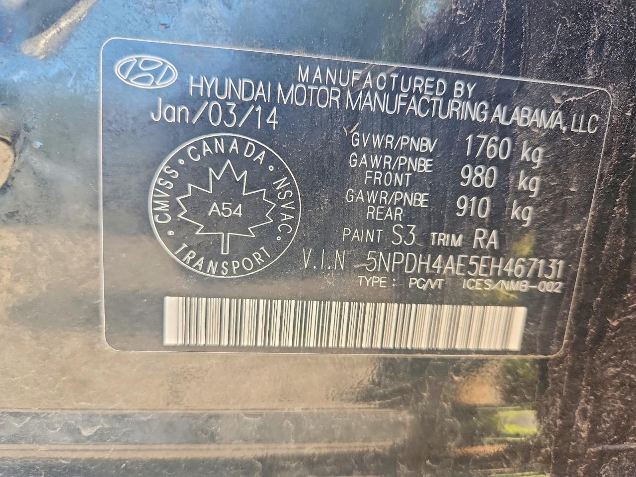 2014 Hyundai Elantra Se Black vin: 5NPDH4AE5EH467131