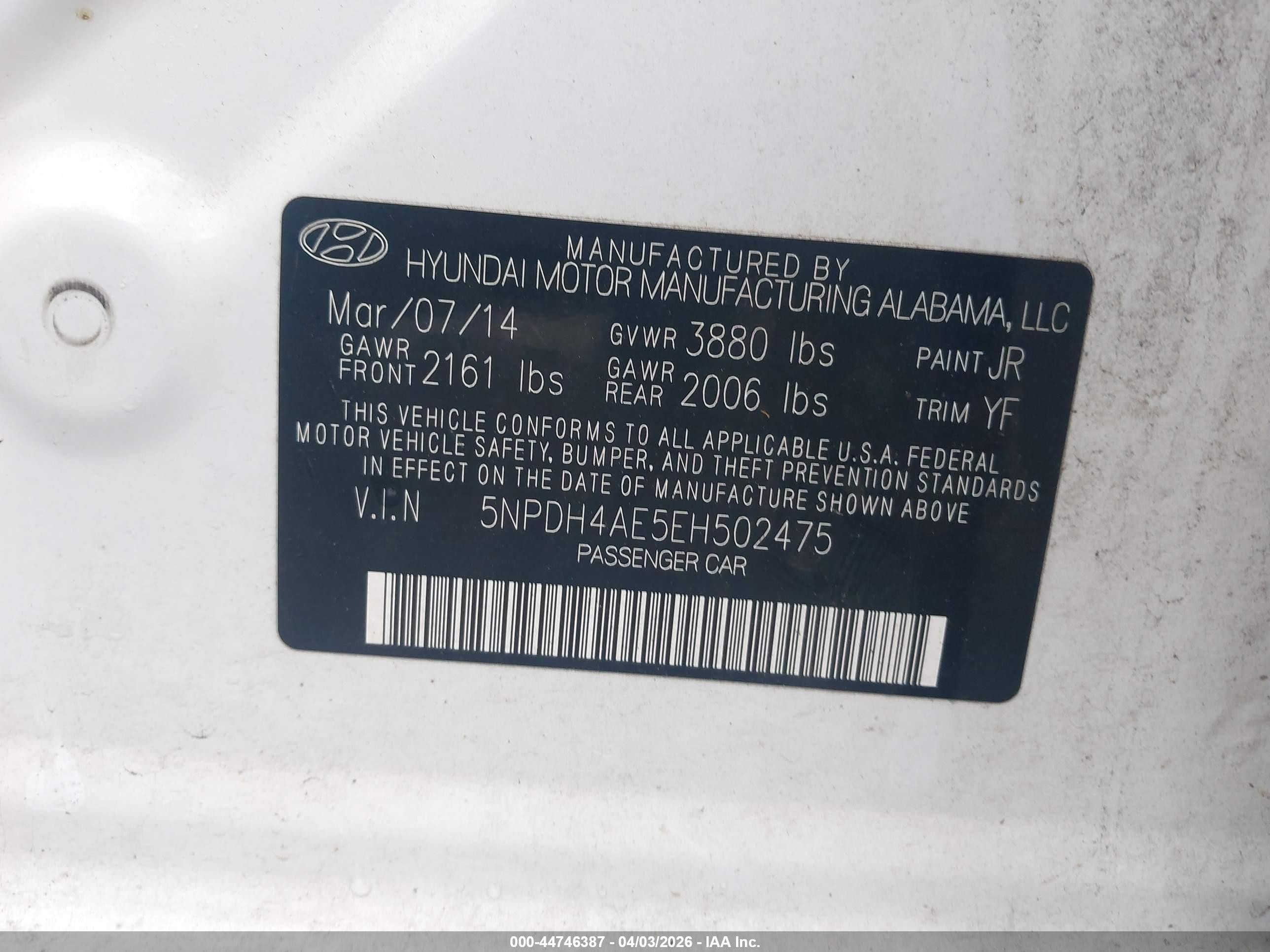 2014 Hyundai Elantra Se White vin: 5NPDH4AE5EH502475