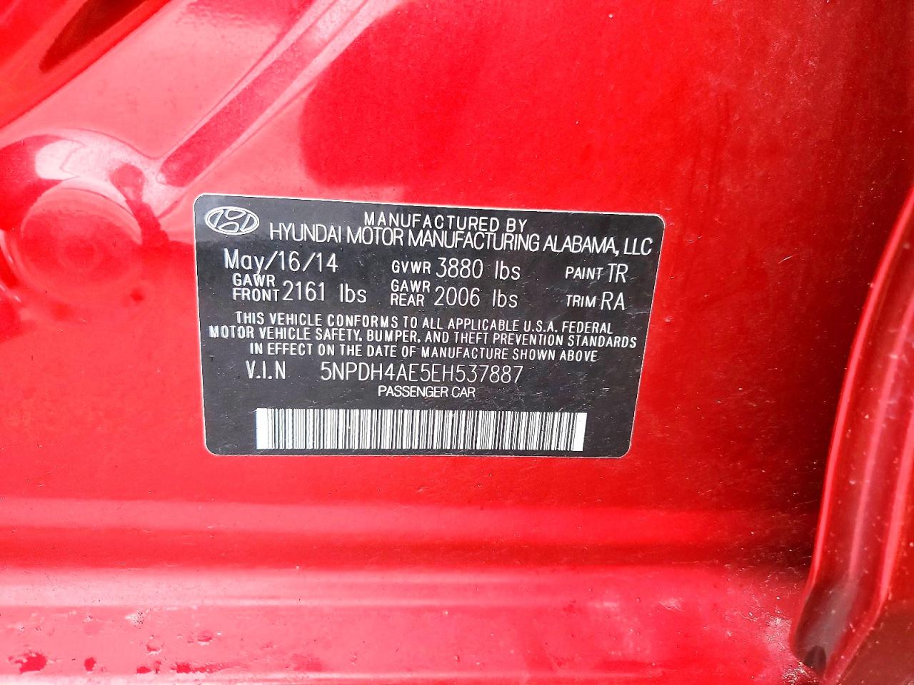 2014 Hyundai Elantra Se Red vin: 5NPDH4AE5EH537887