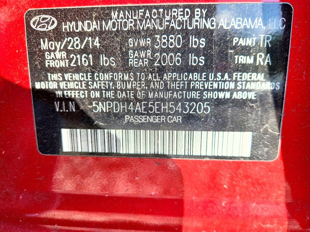 2014 Hyundai Elantra Se Red vin: 5NPDH4AE5EH543205