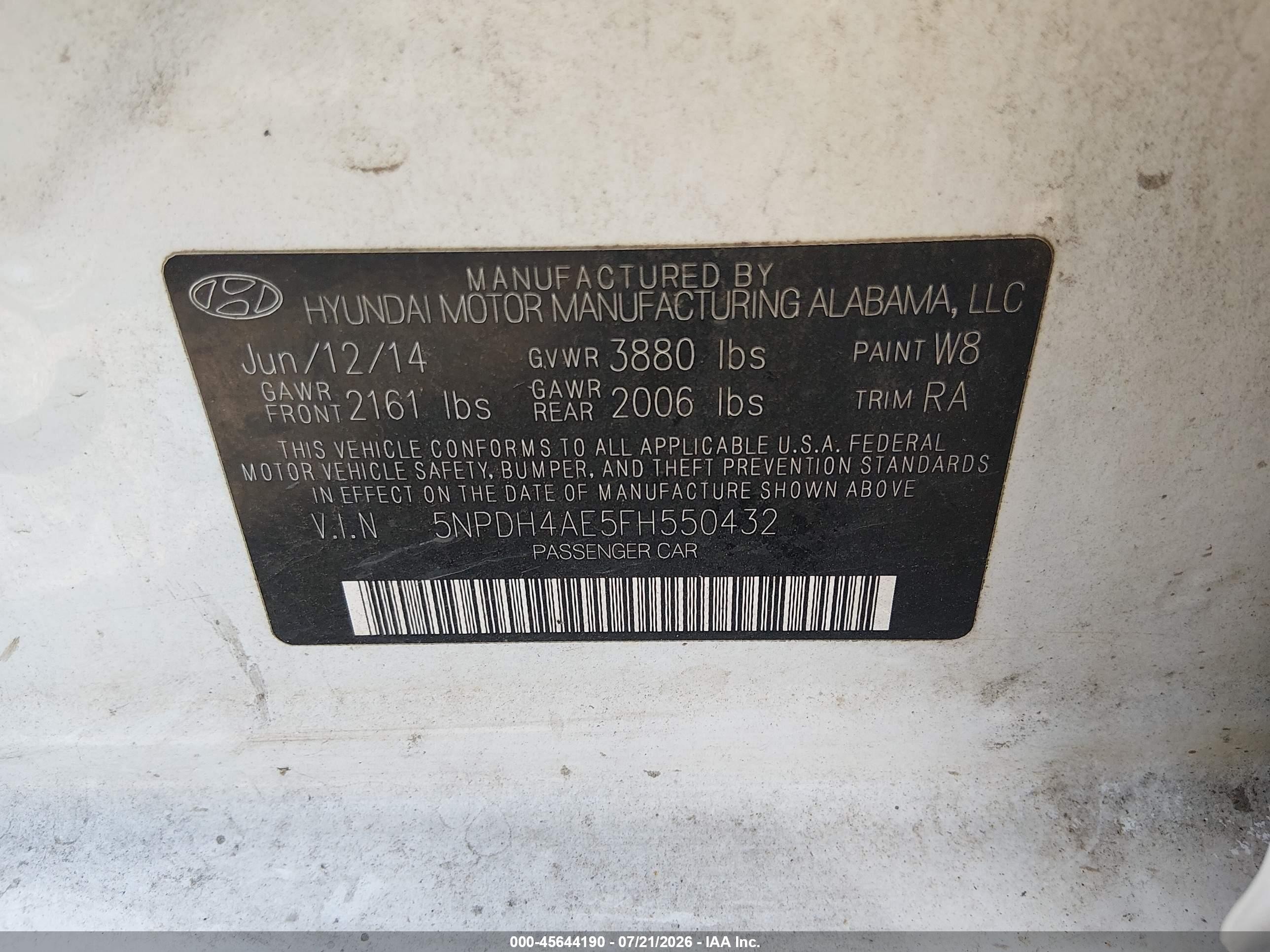 2015 Hyundai Elantra Se White vin: 5NPDH4AE5FH550432