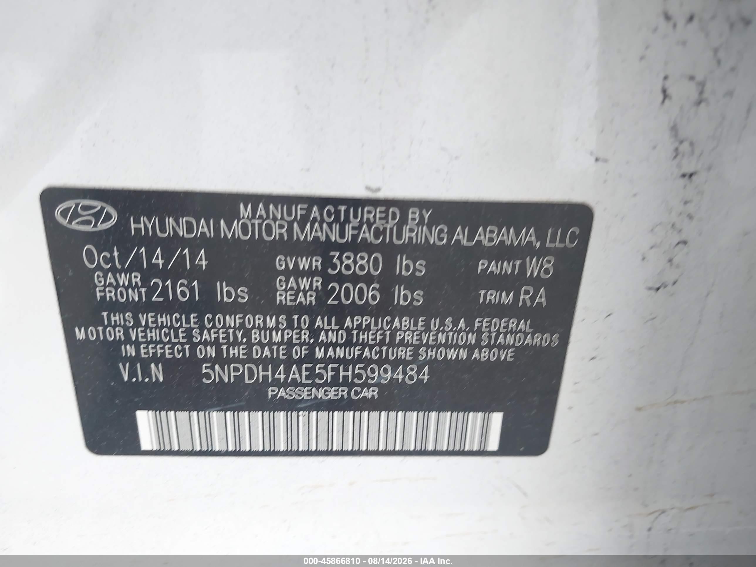 2015 Hyundai Elantra Se White vin: 5NPDH4AE5FH599484