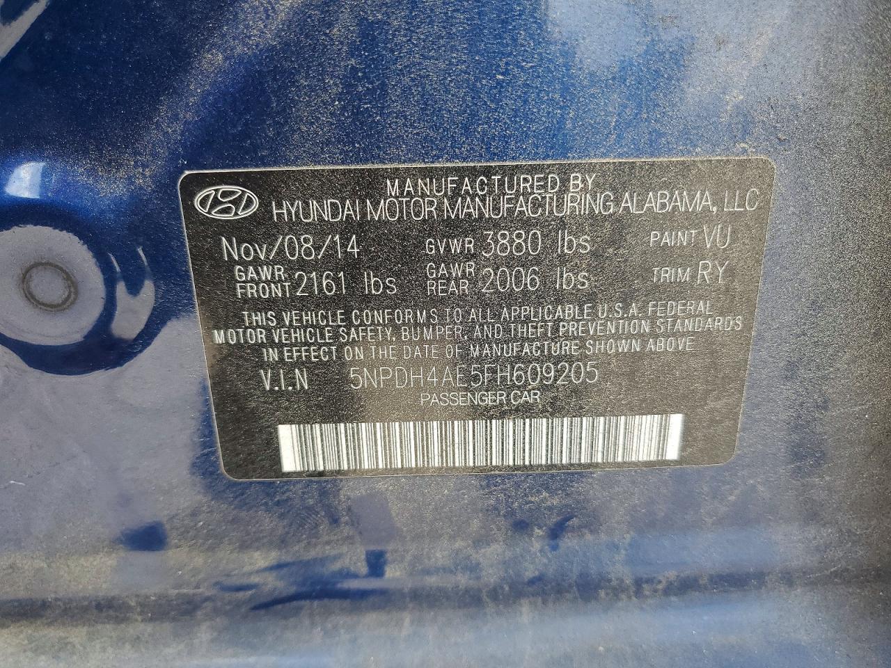 2015 Hyundai Elantra Se Blue vin: 5NPDH4AE5FH609205