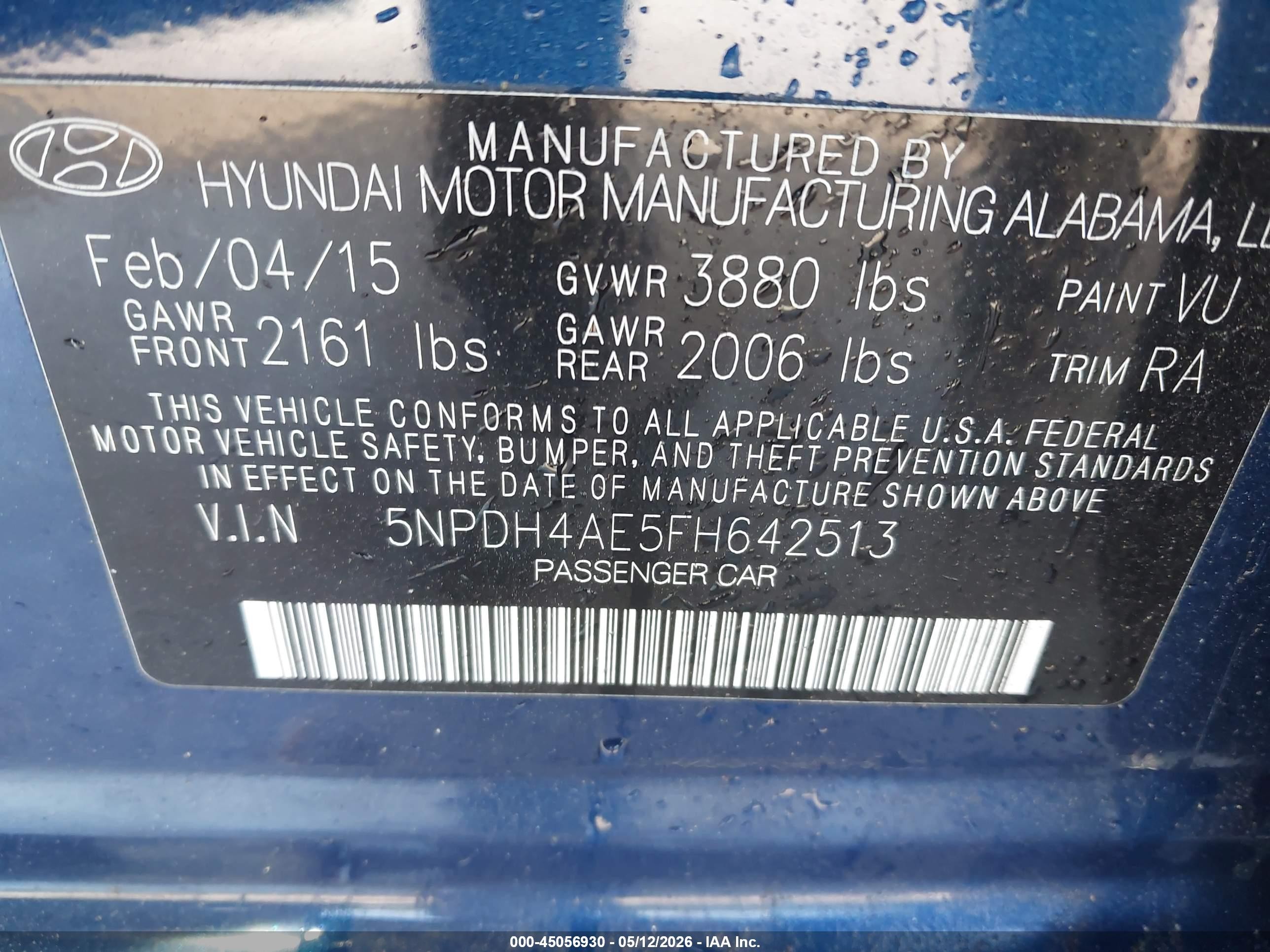 2015 Hyundai Elantra Se Blue vin: 5NPDH4AE5FH642513