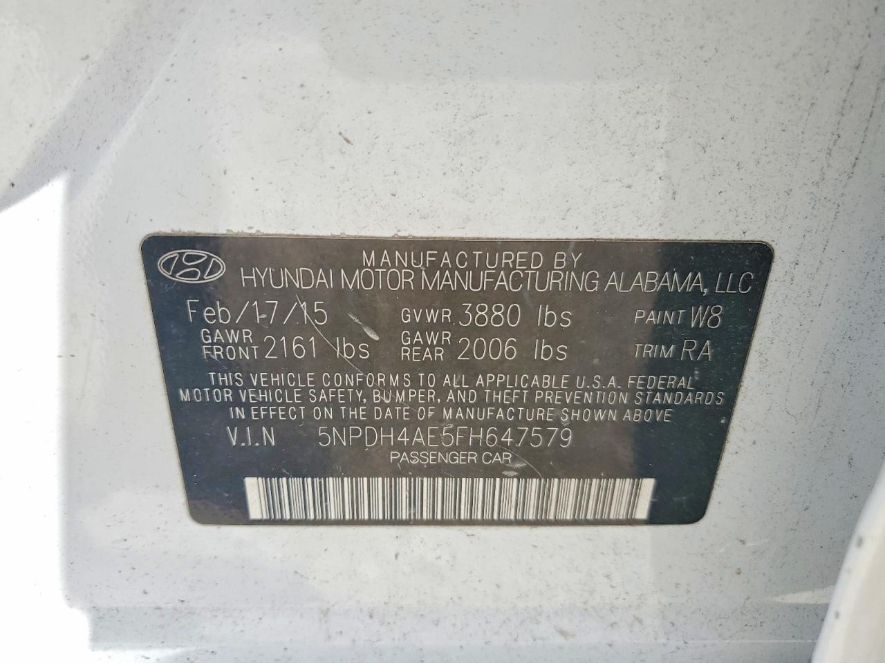 2015 Hyundai Elantra Se White vin: 5NPDH4AE5FH647579