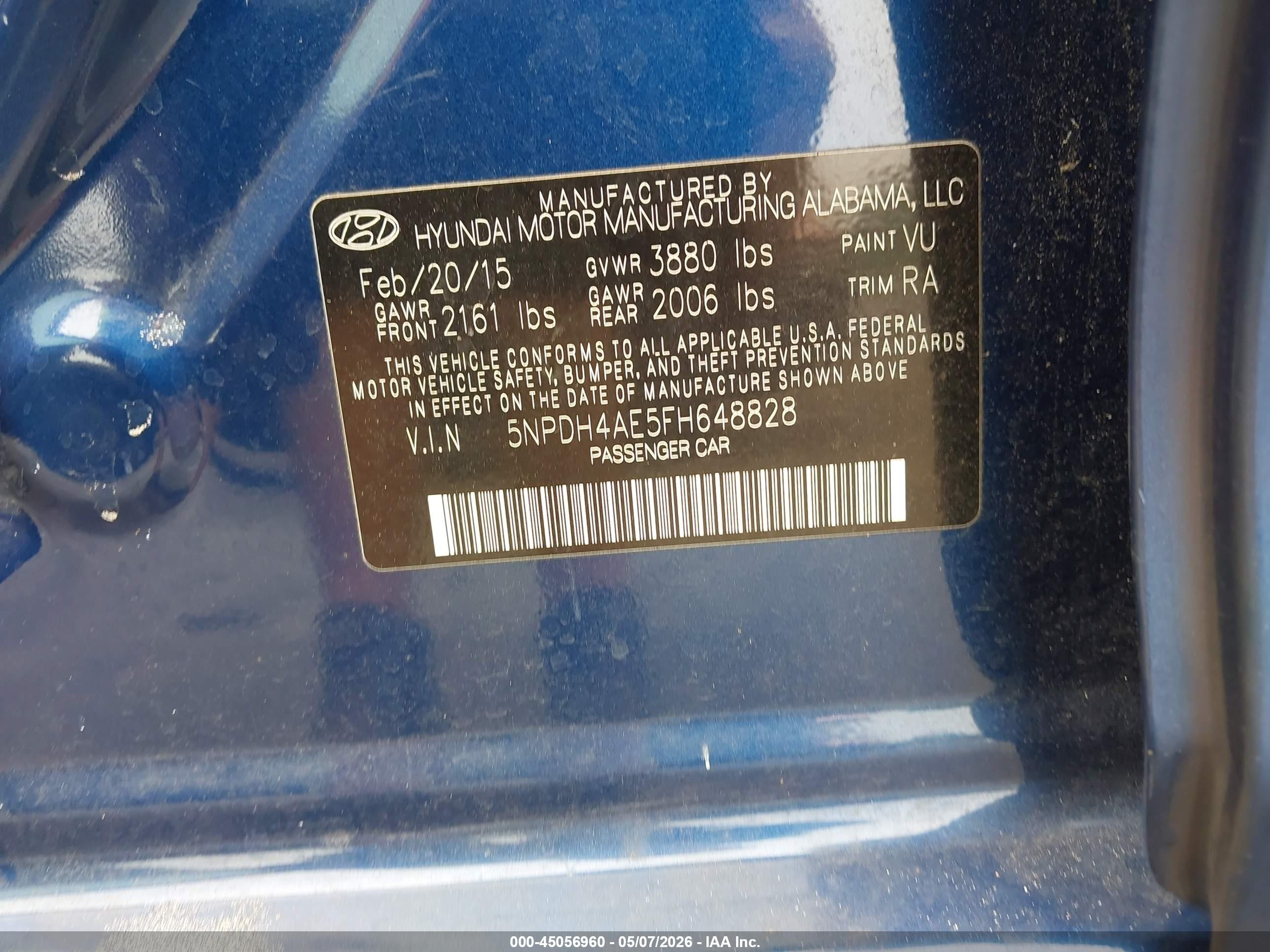 2015 Hyundai Elantra Se Blue vin: 5NPDH4AE5FH648828