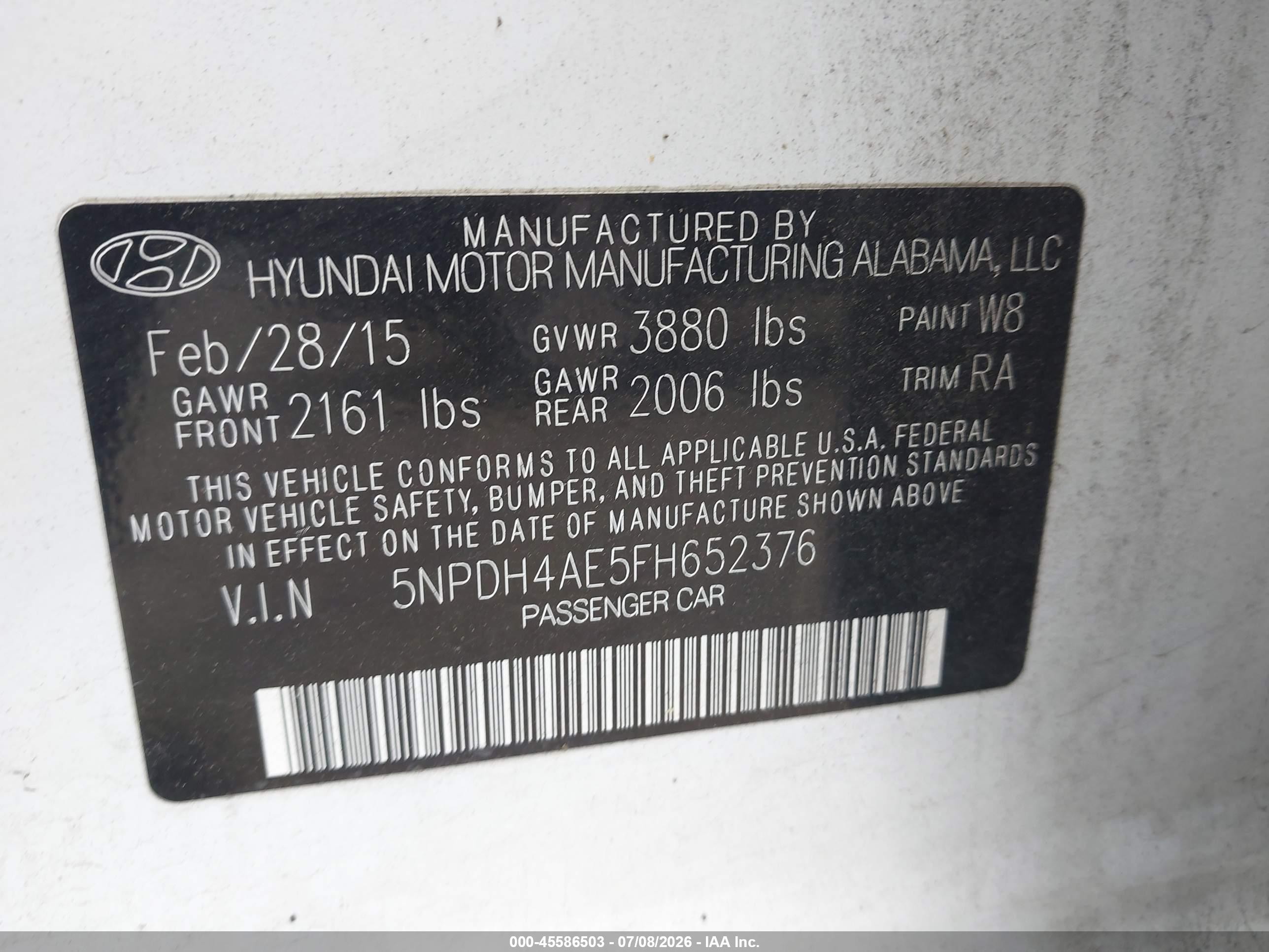2015 Hyundai Elantra Se White vin: 5NPDH4AE5FH652376