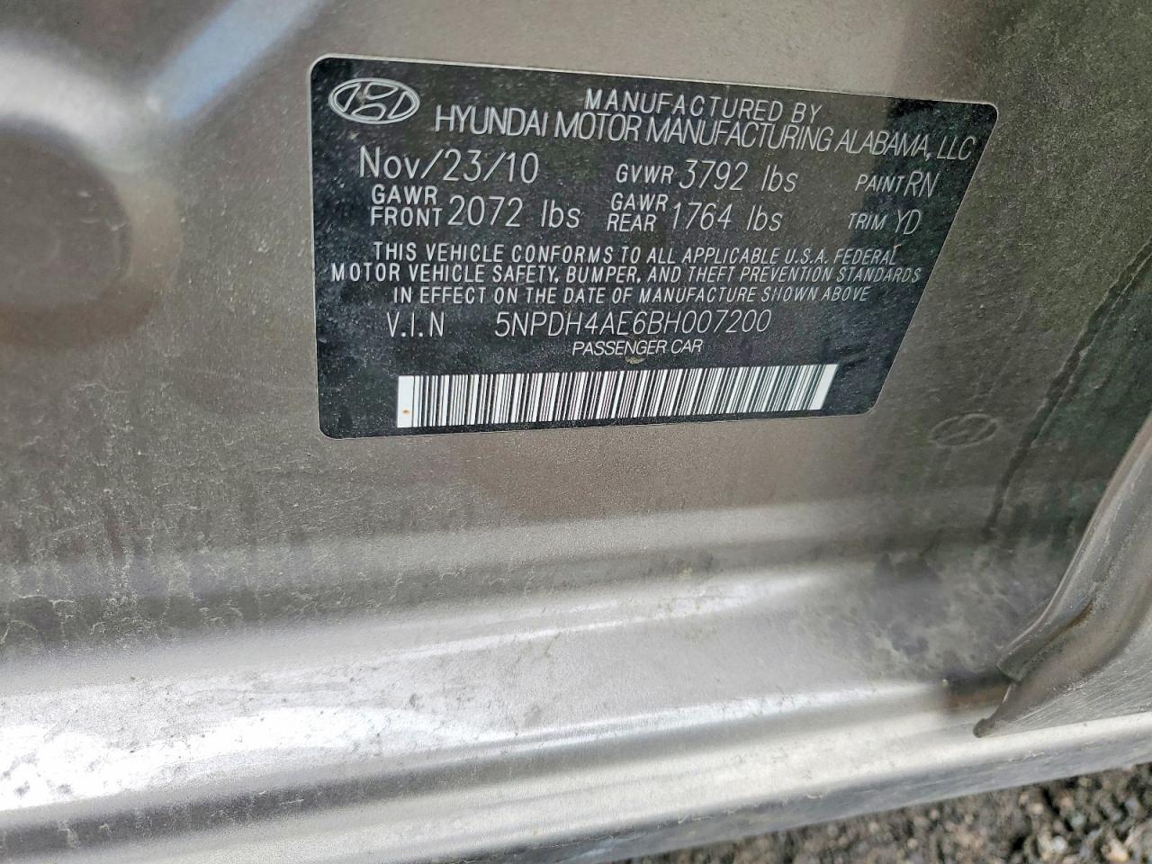 2011 Hyundai Elantra Gold vin: 5NPDH4AE6BH007200