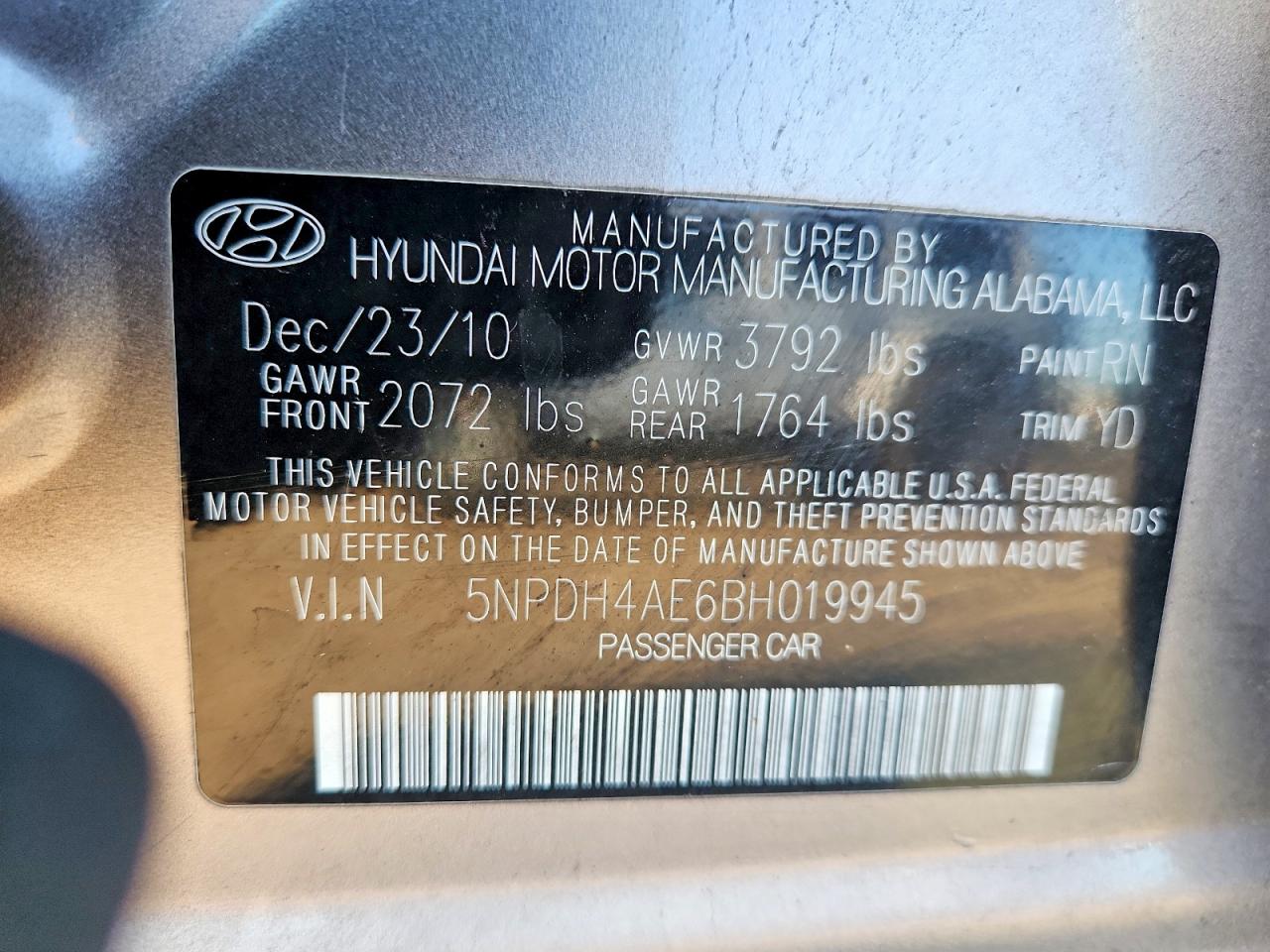 2011 Hyundai Elantra Gls Gold vin: 5NPDH4AE6BH019945