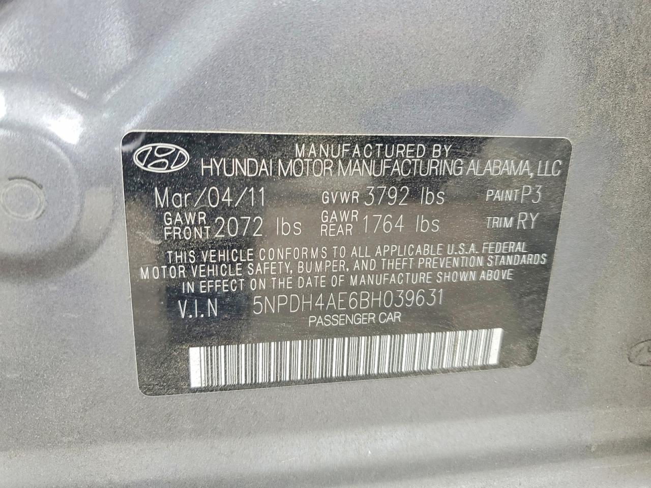 2011 Hyundai Elantra Limited Gray vin: 5NPDH4AE6BH039631