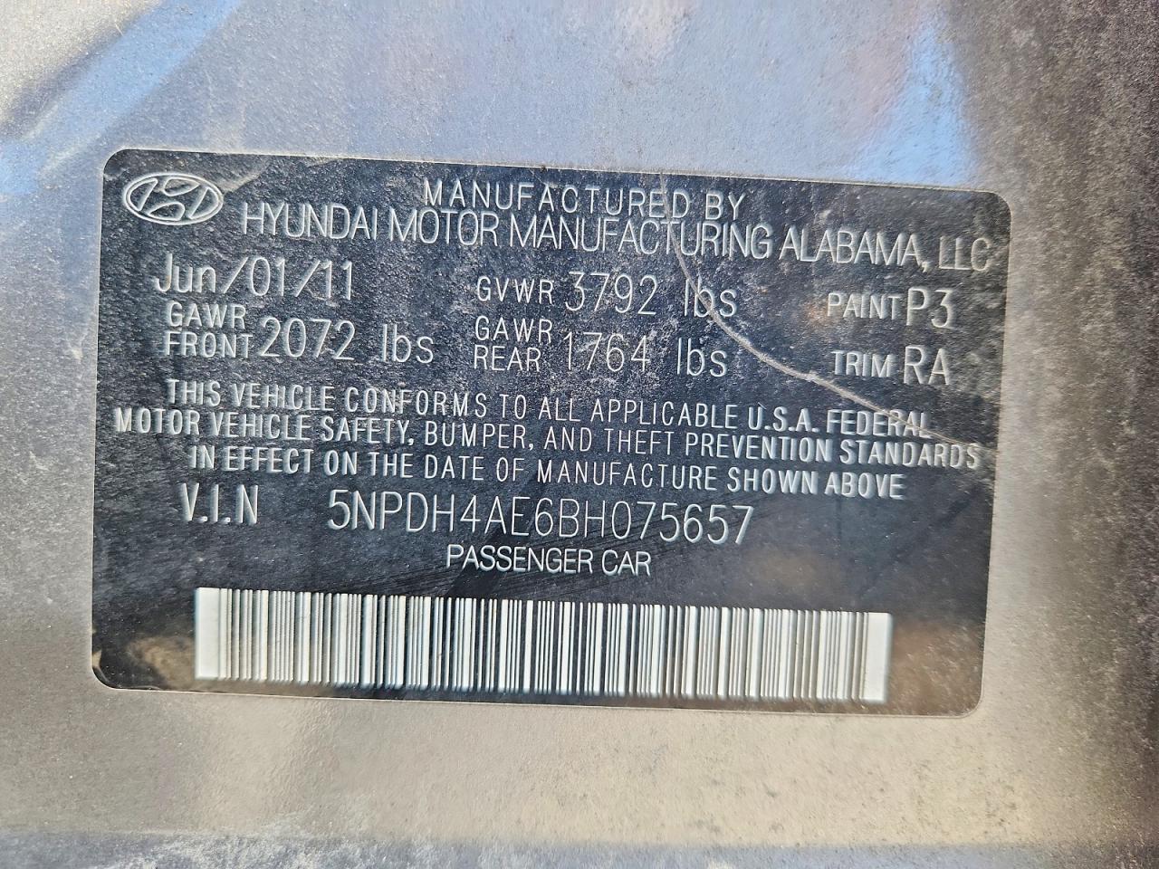 2011 Hyundai Elantra Gray vin: 5NPDH4AE6BH075657