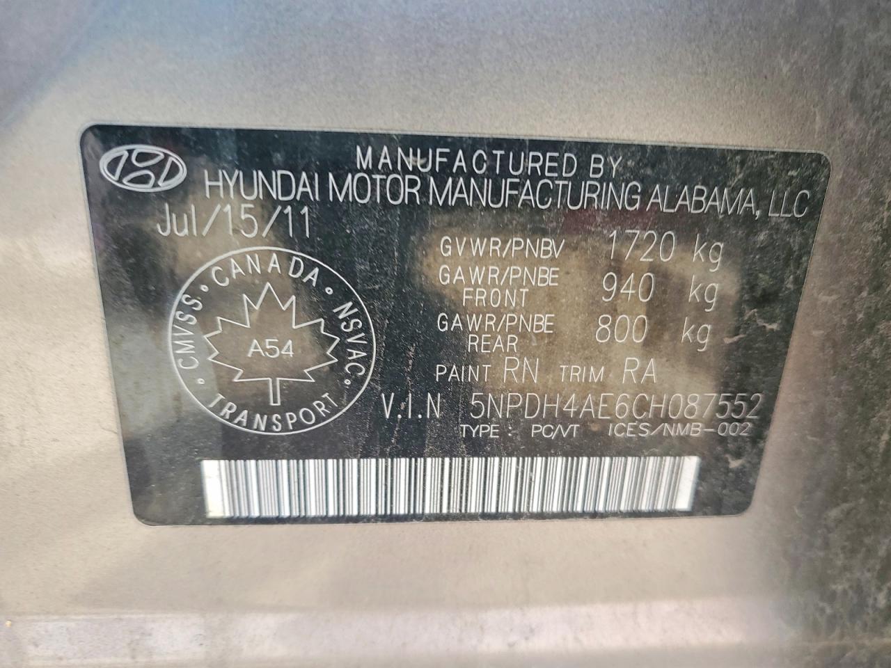2012 Hyundai Elantra Gls Tan vin: 5NPDH4AE6CH087552
