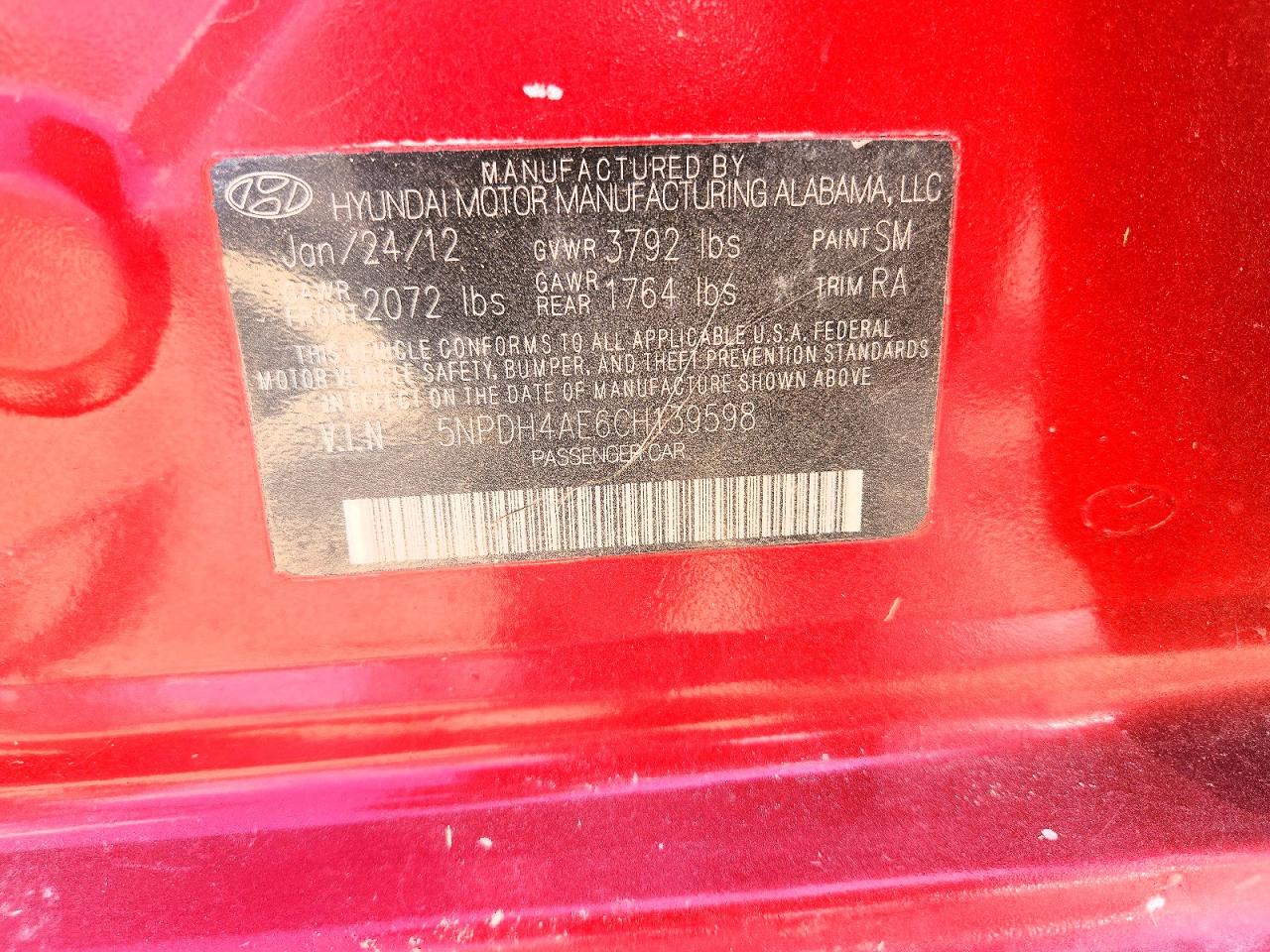 2012 Hyundai Elantra Gls Red vin: 5NPDH4AE6CH139598