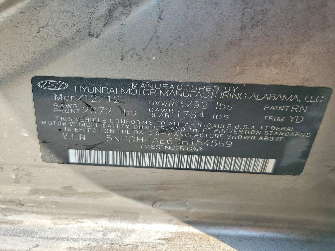 2013 Hyundai Elantra Limited Gold vin: 5NPDH4AE6DH154569