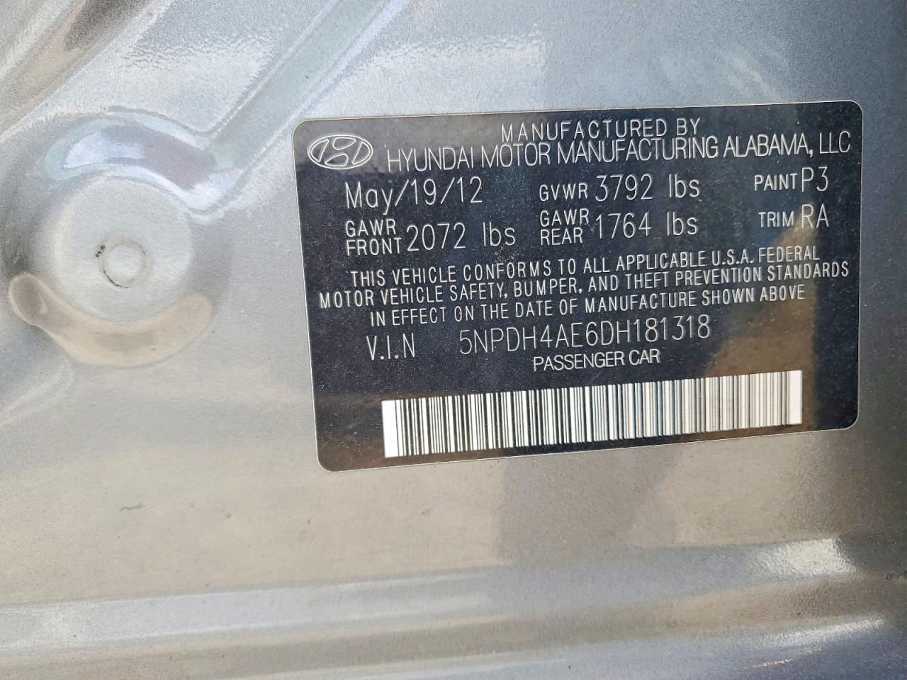 2013 Hyundai Elantra Gls Gray vin: 5NPDH4AE6DH181318