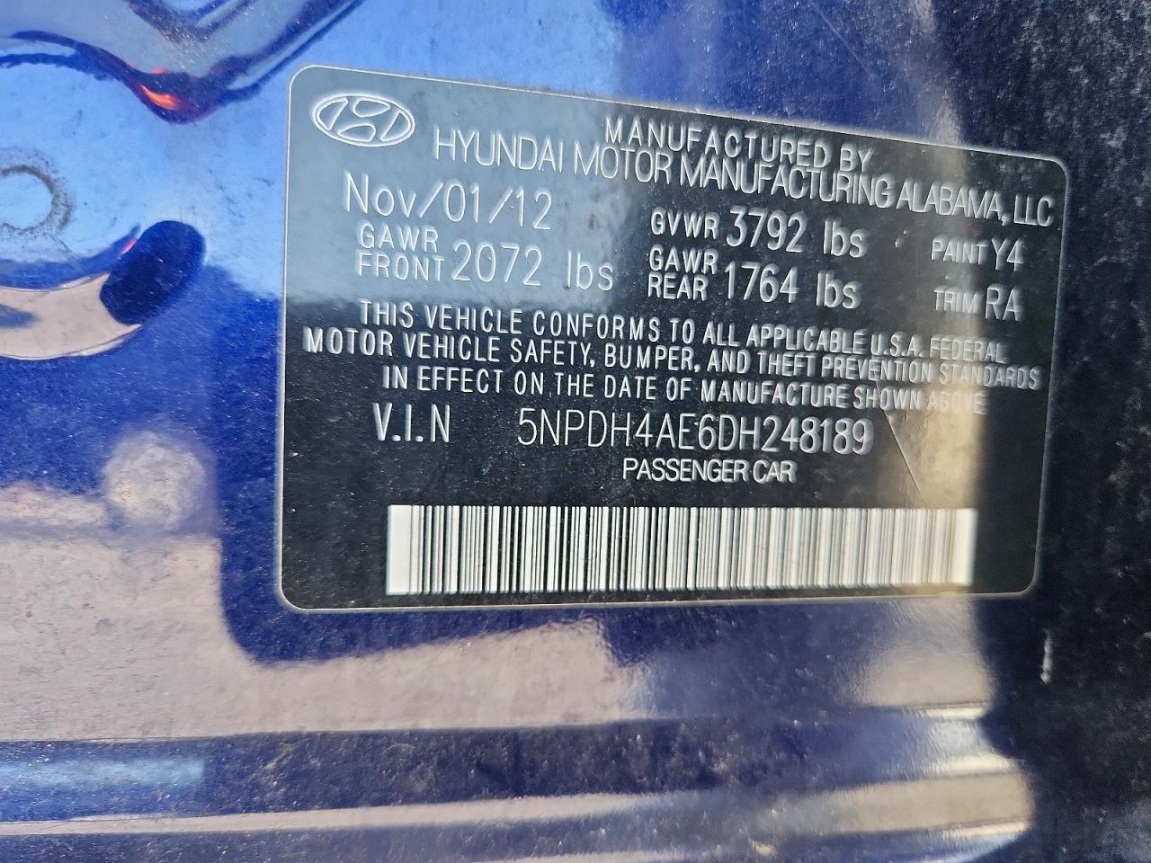 2013 Hyundai Elantra Limited Blue vin: 5NPDH4AE6DH248189