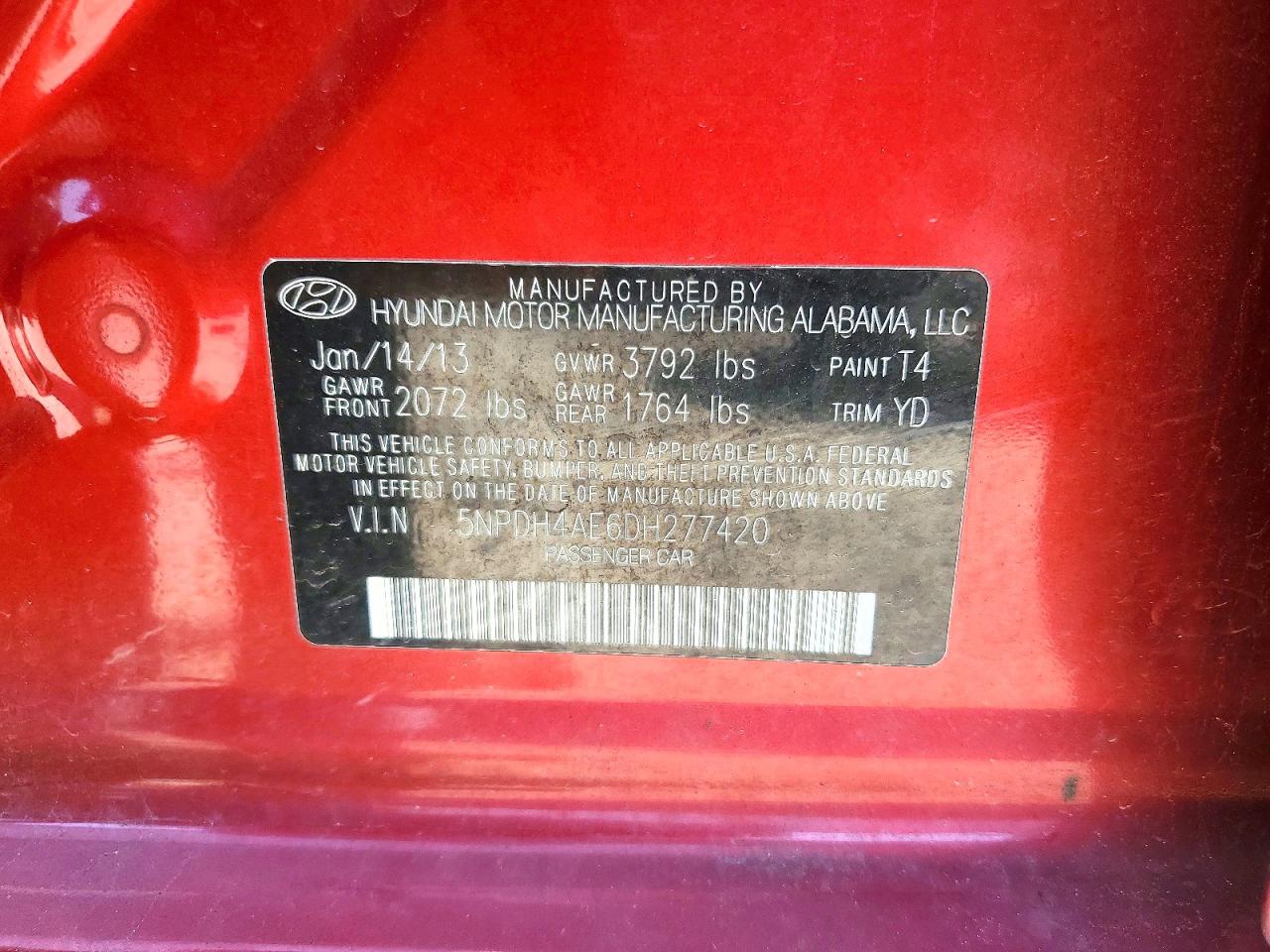 2013 Hyundai Elantra Limited Red vin: 5NPDH4AE6DH277420