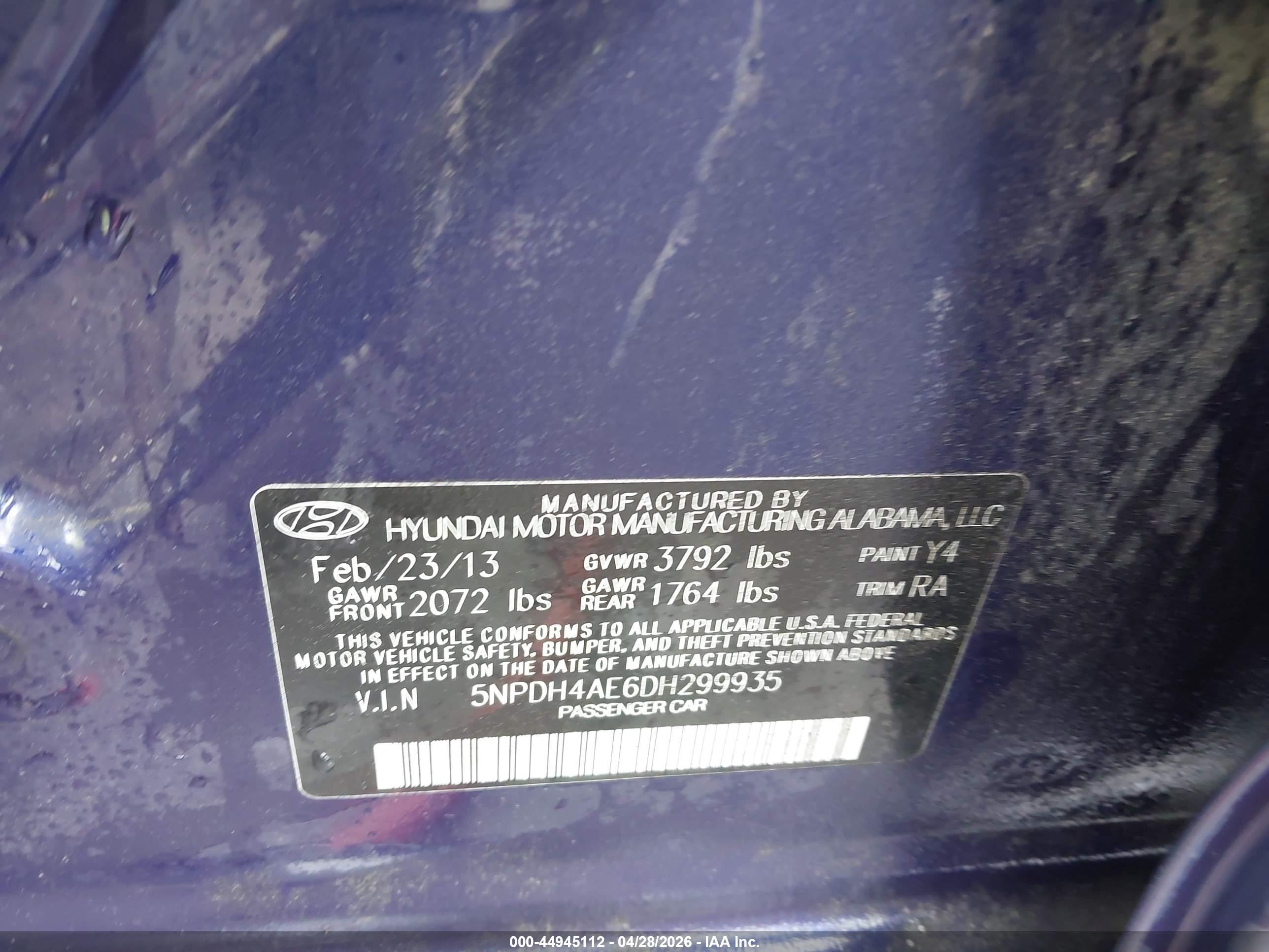 2013 Hyundai Elantra Limited Blue vin: 5NPDH4AE6DH299935