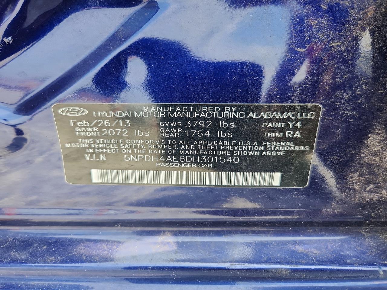 2013 Hyundai Elantra Gls Blue vin: 5NPDH4AE6DH301540