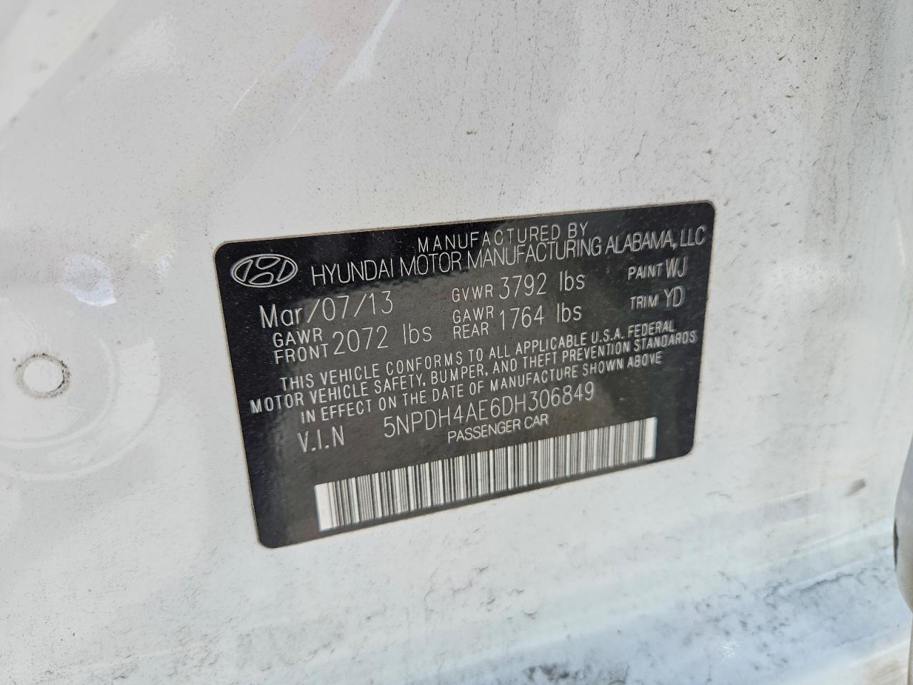 2013 Hyundai Elantra Gls White vin: 5NPDH4AE6DH306849