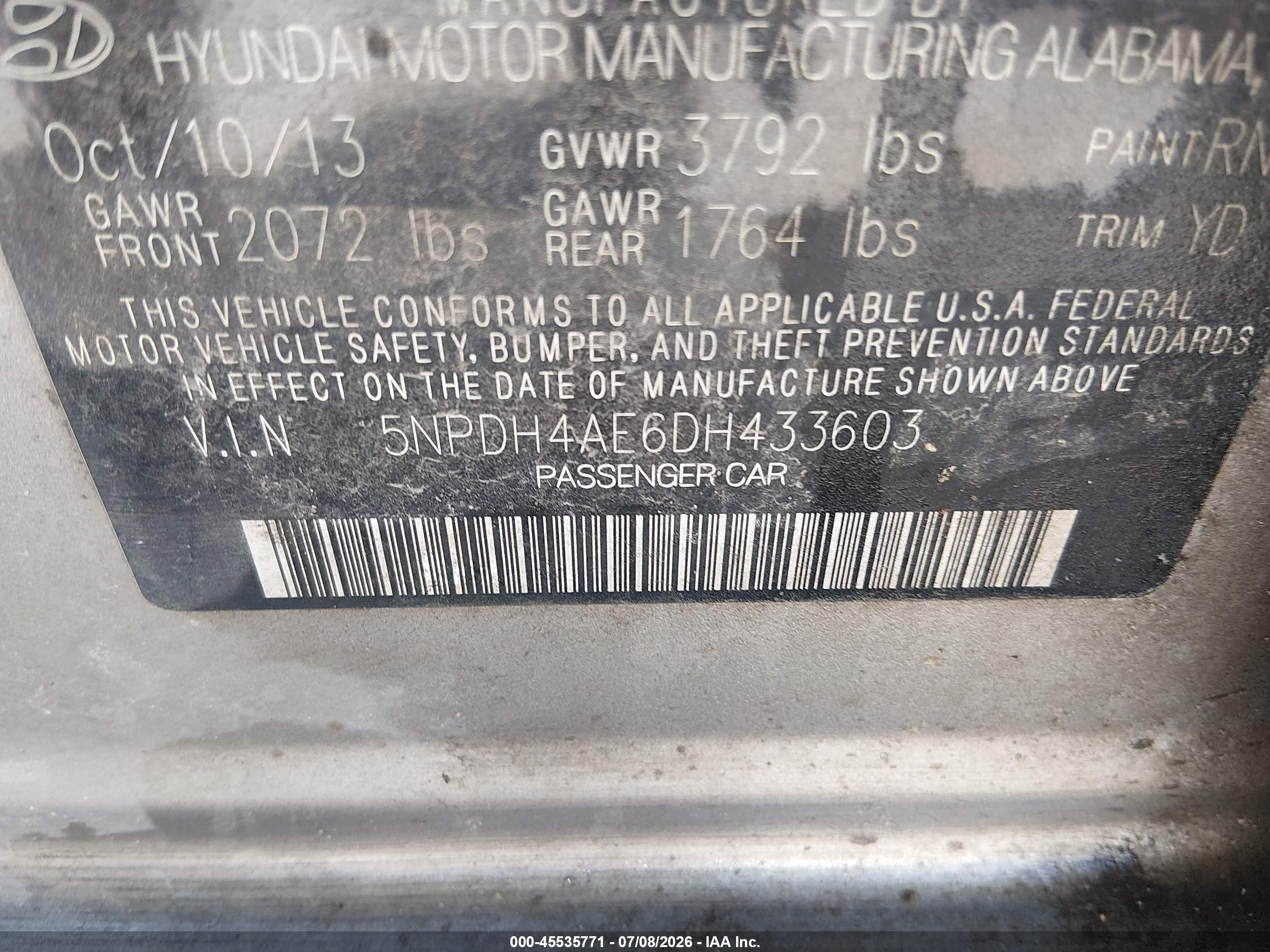2013 Hyundai Elantra Gls Gold vin: 5NPDH4AE6DH433603