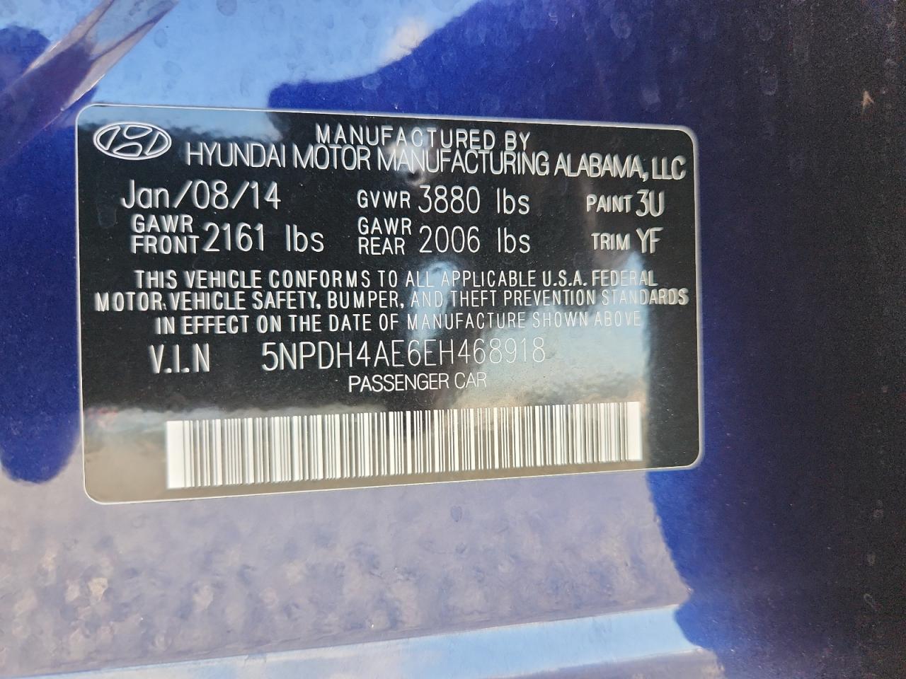 2014 Hyundai Elantra Se Blue vin: 5NPDH4AE6EH468918