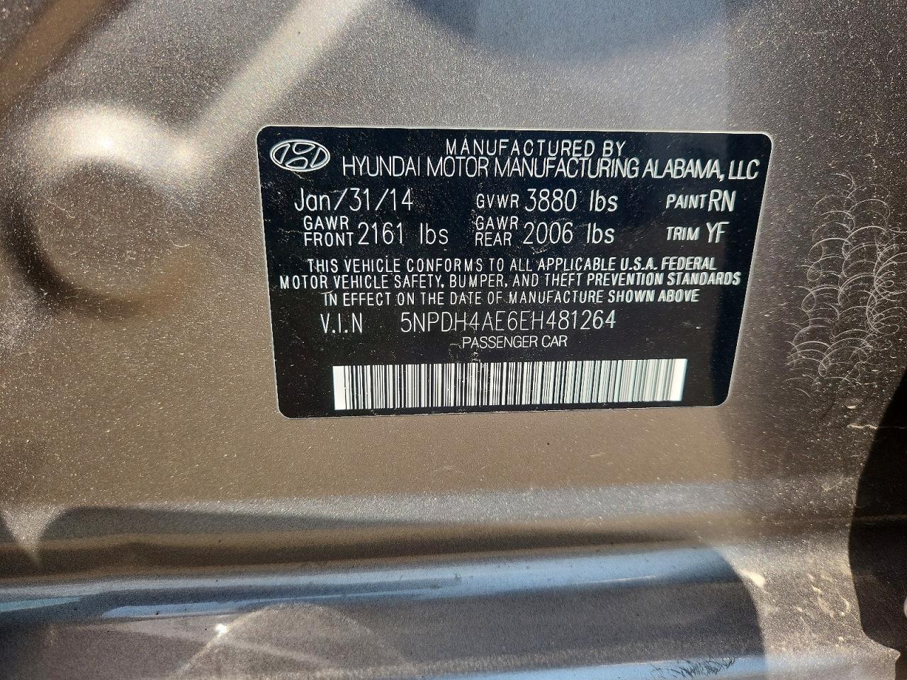 2014 Hyundai Elantra Se Tan vin: 5NPDH4AE6EH481264