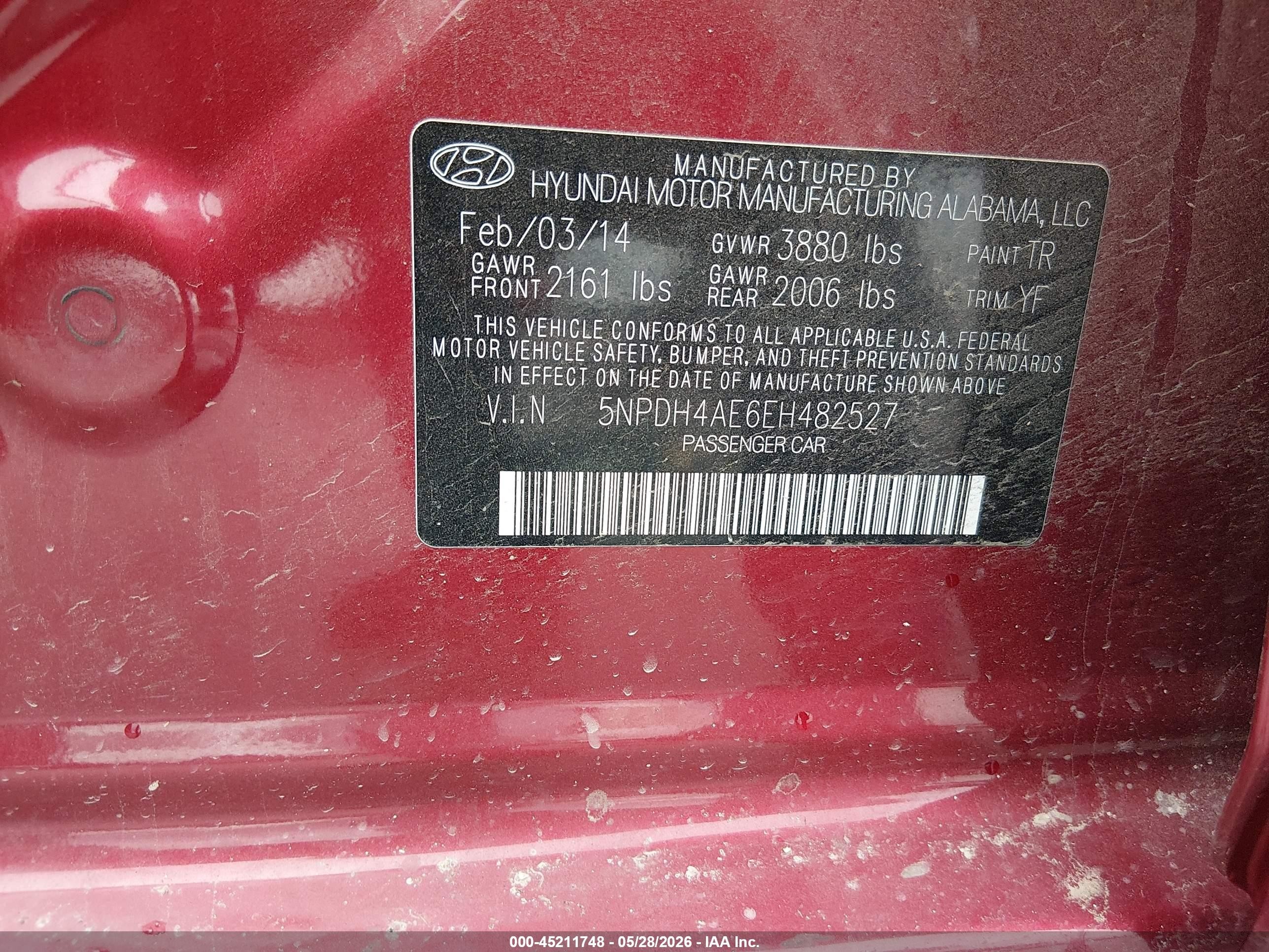 2014 Hyundai Elantra Se Red vin: 5NPDH4AE6EH482527