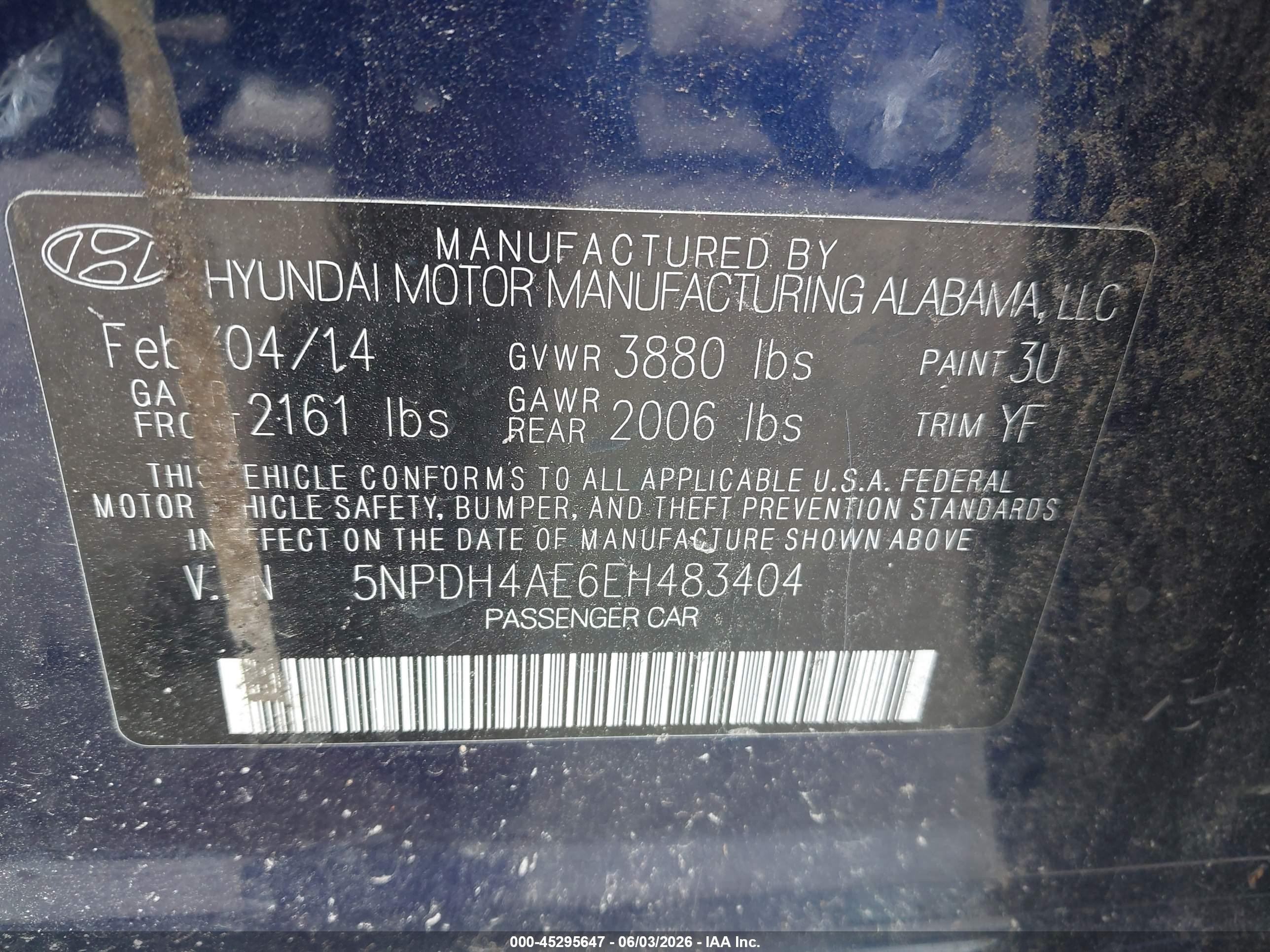 2014 Hyundai Elantra Limited Blue vin: 5NPDH4AE6EH483404
