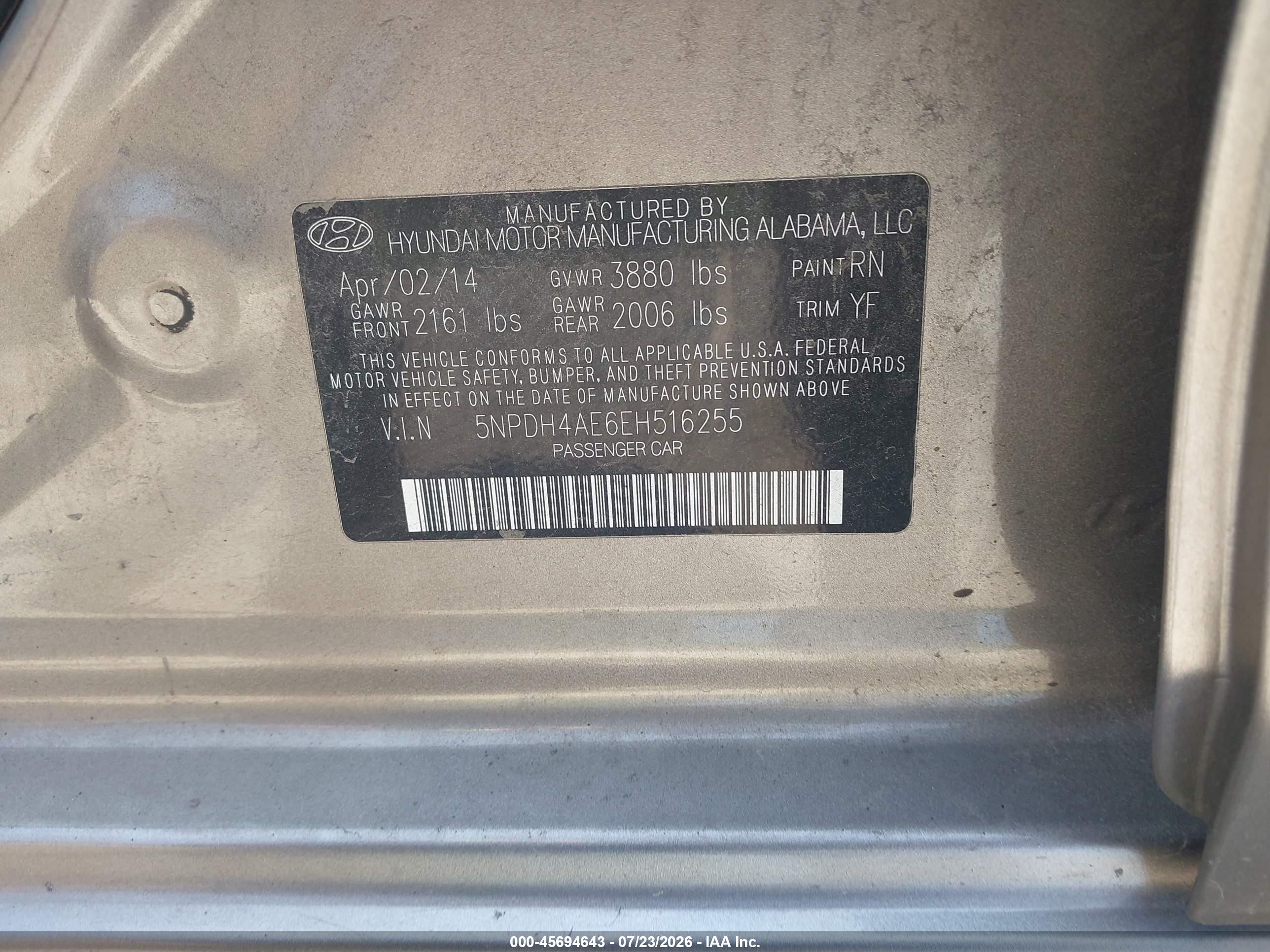 2014 Hyundai Elantra Se Gold vin: 5NPDH4AE6EH516255