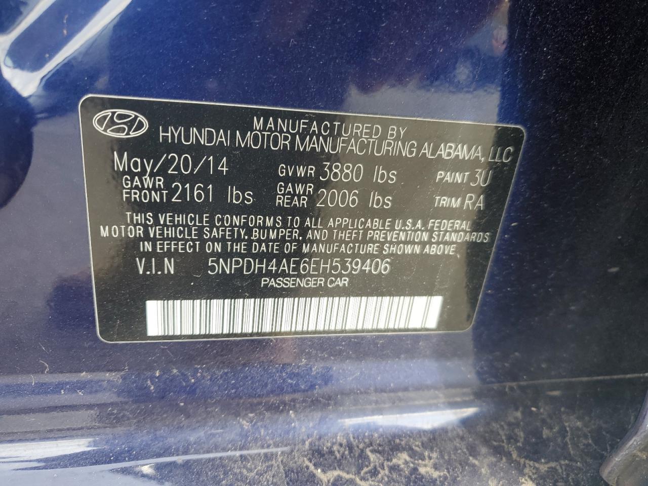 2014 Hyundai Elantra Se Blue vin: 5NPDH4AE6EH539406