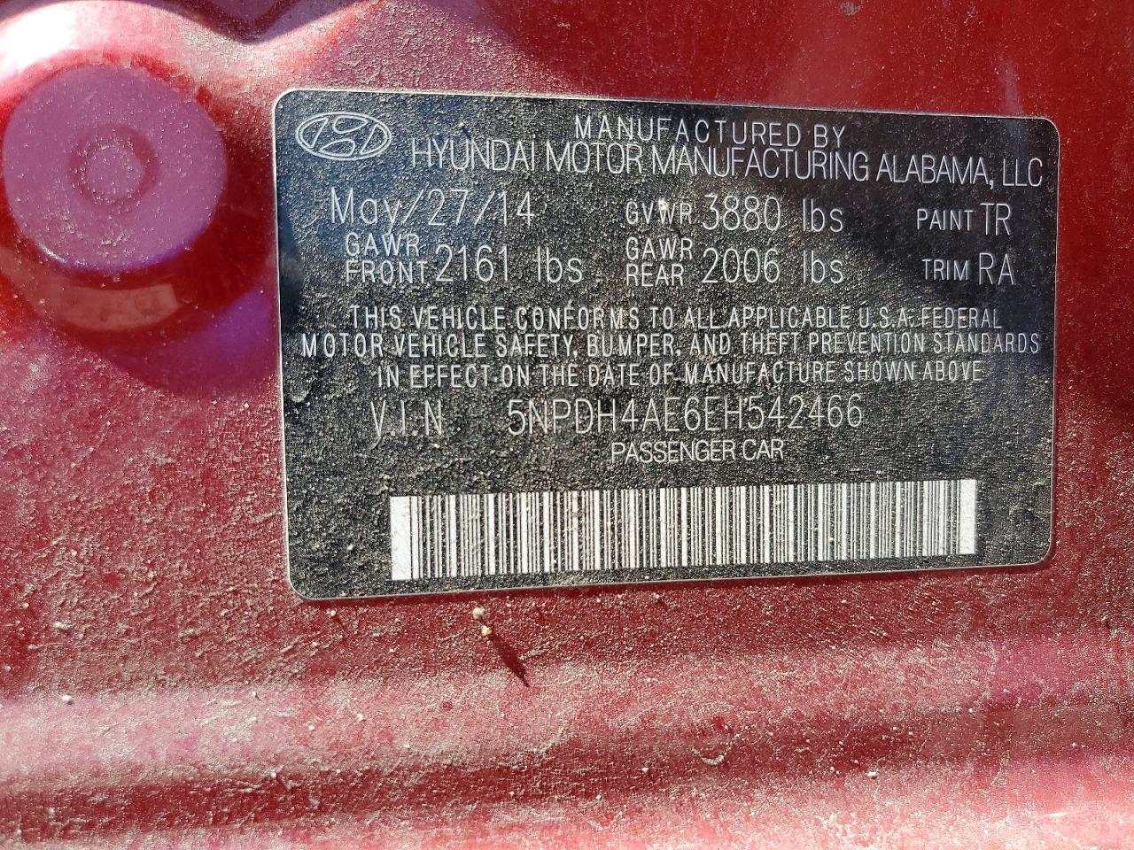 2014 Hyundai Elantra Se Red vin: 5NPDH4AE6EH542466