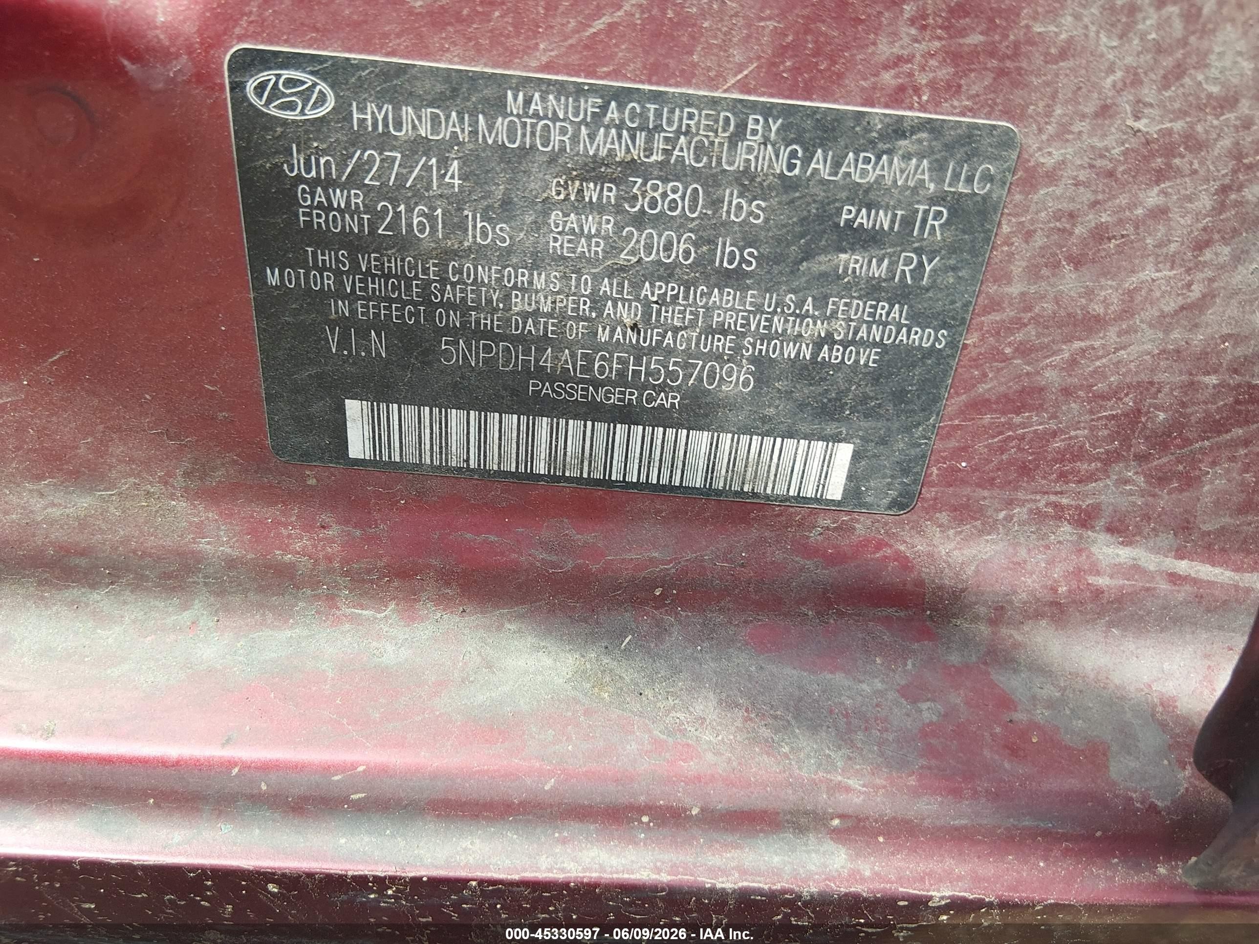 2015 Hyundai Elantra Se Burgundy vin: 5NPDH4AE6FH557096