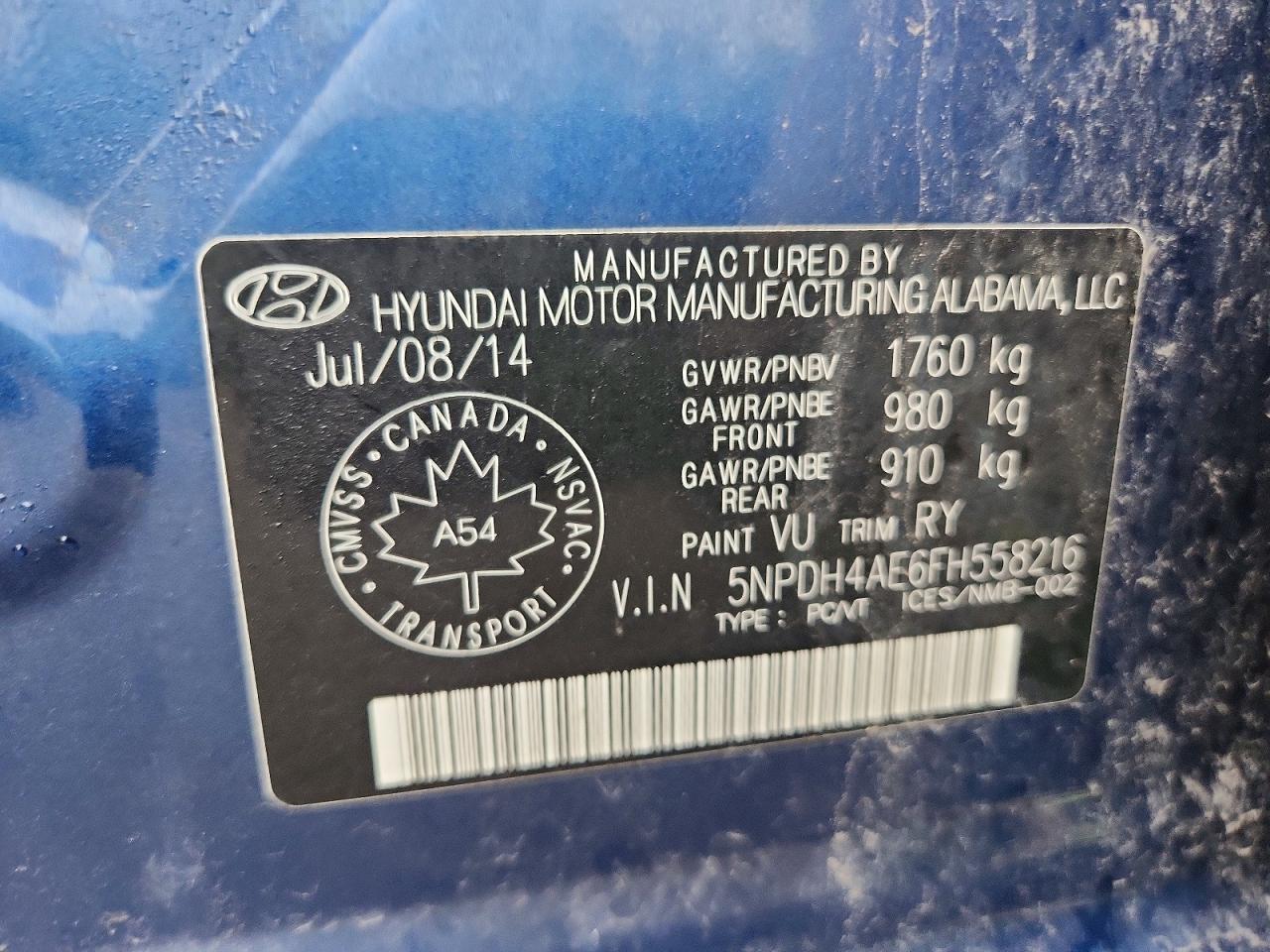 2015 Hyundai Elantra Se Blue vin: 5NPDH4AE6FH558216