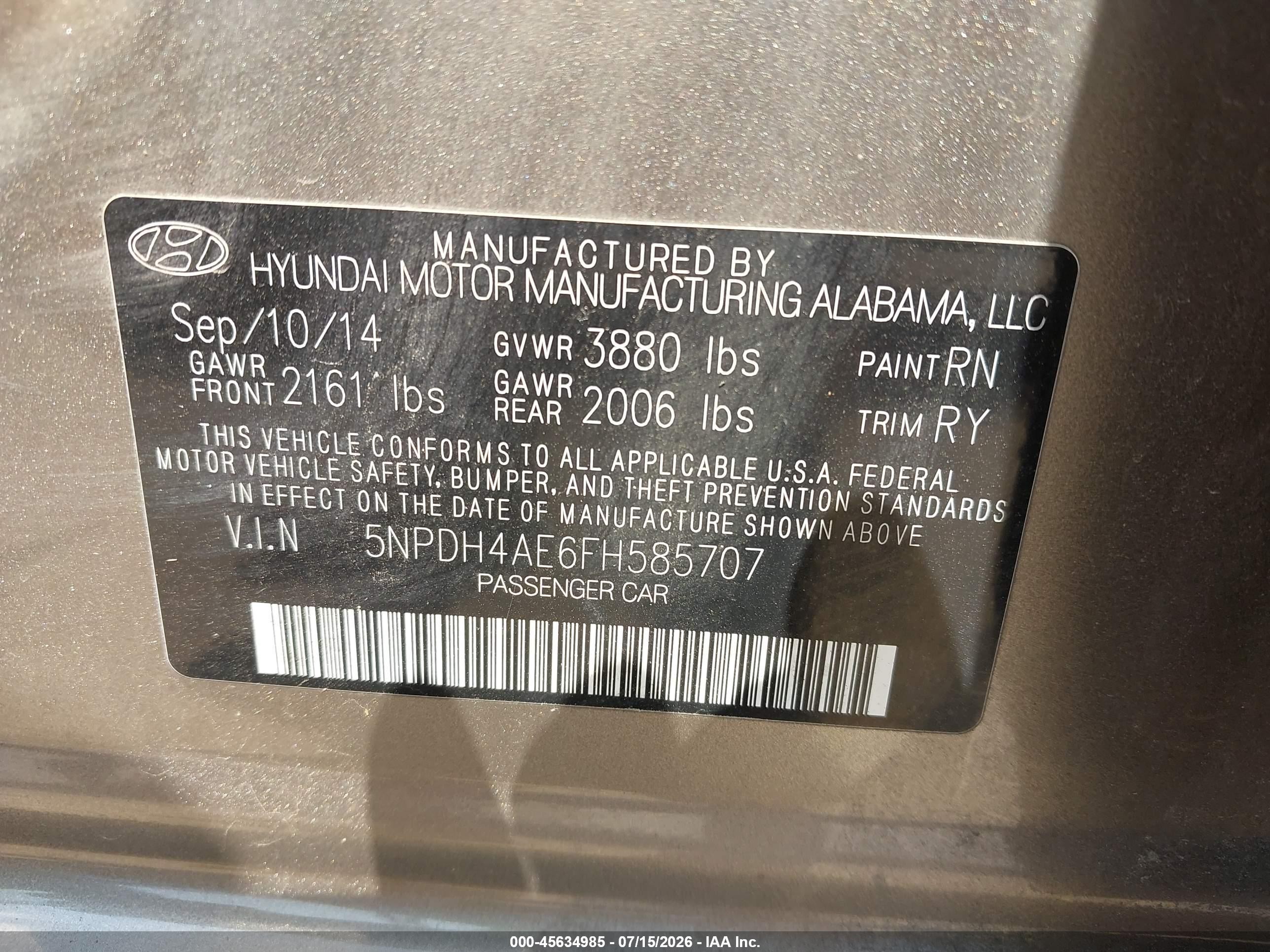 2015 Hyundai Elantra Limited Gray vin: 5NPDH4AE6FH585707
