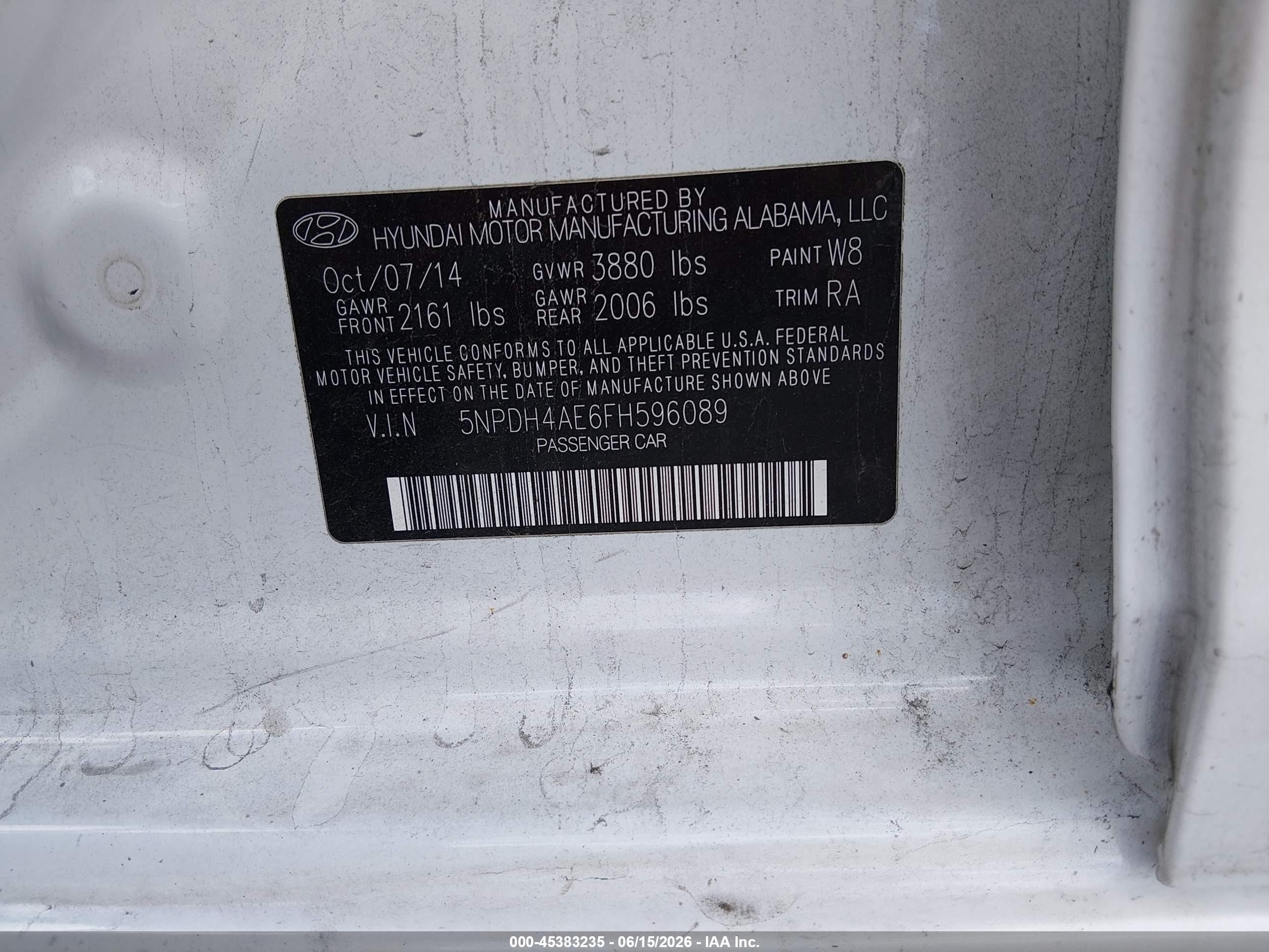 2015 Hyundai Elantra Se White vin: 5NPDH4AE6FH596089