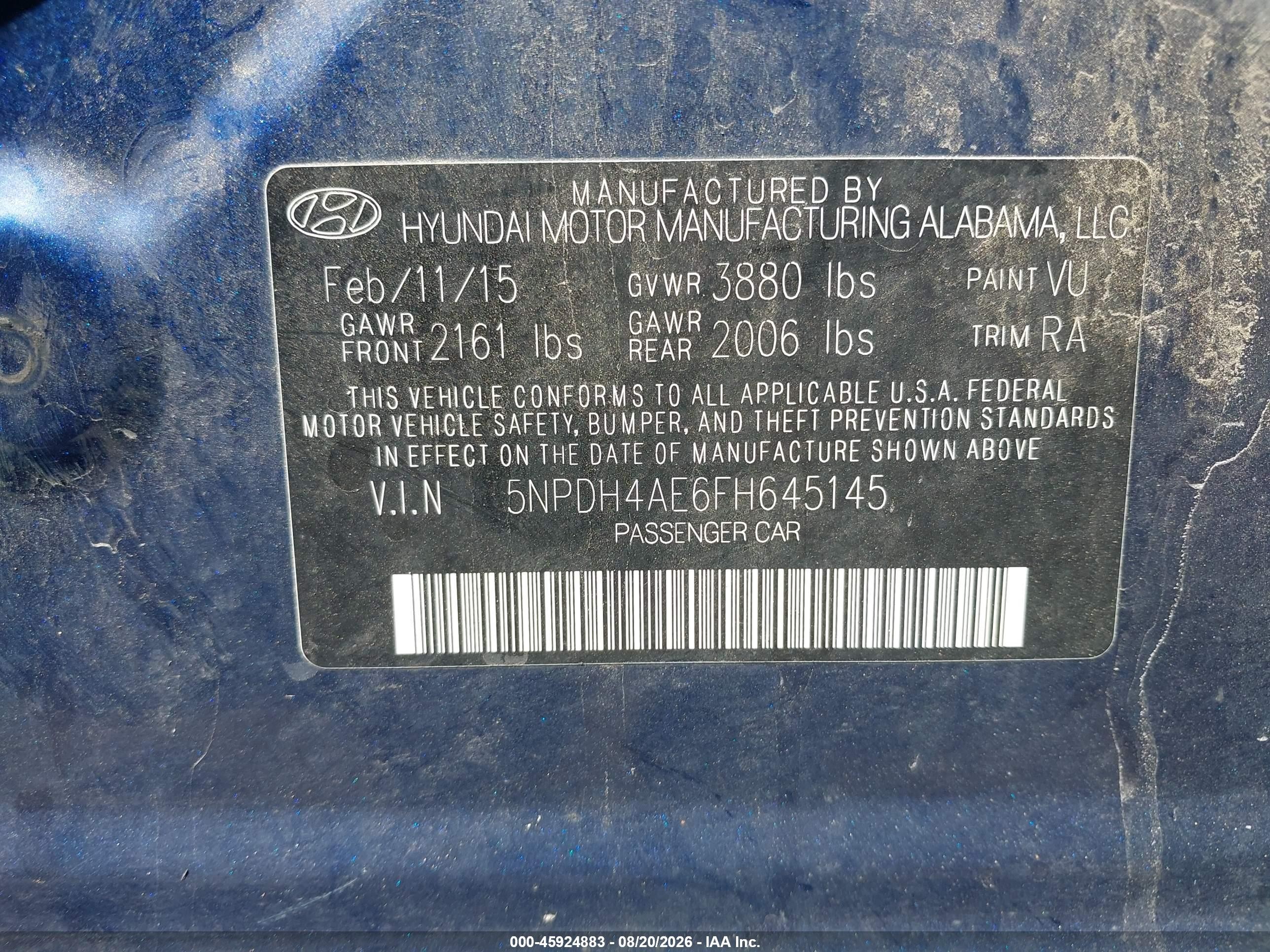 2015 Hyundai Elantra Se Blue vin: 5NPDH4AE6FH645145