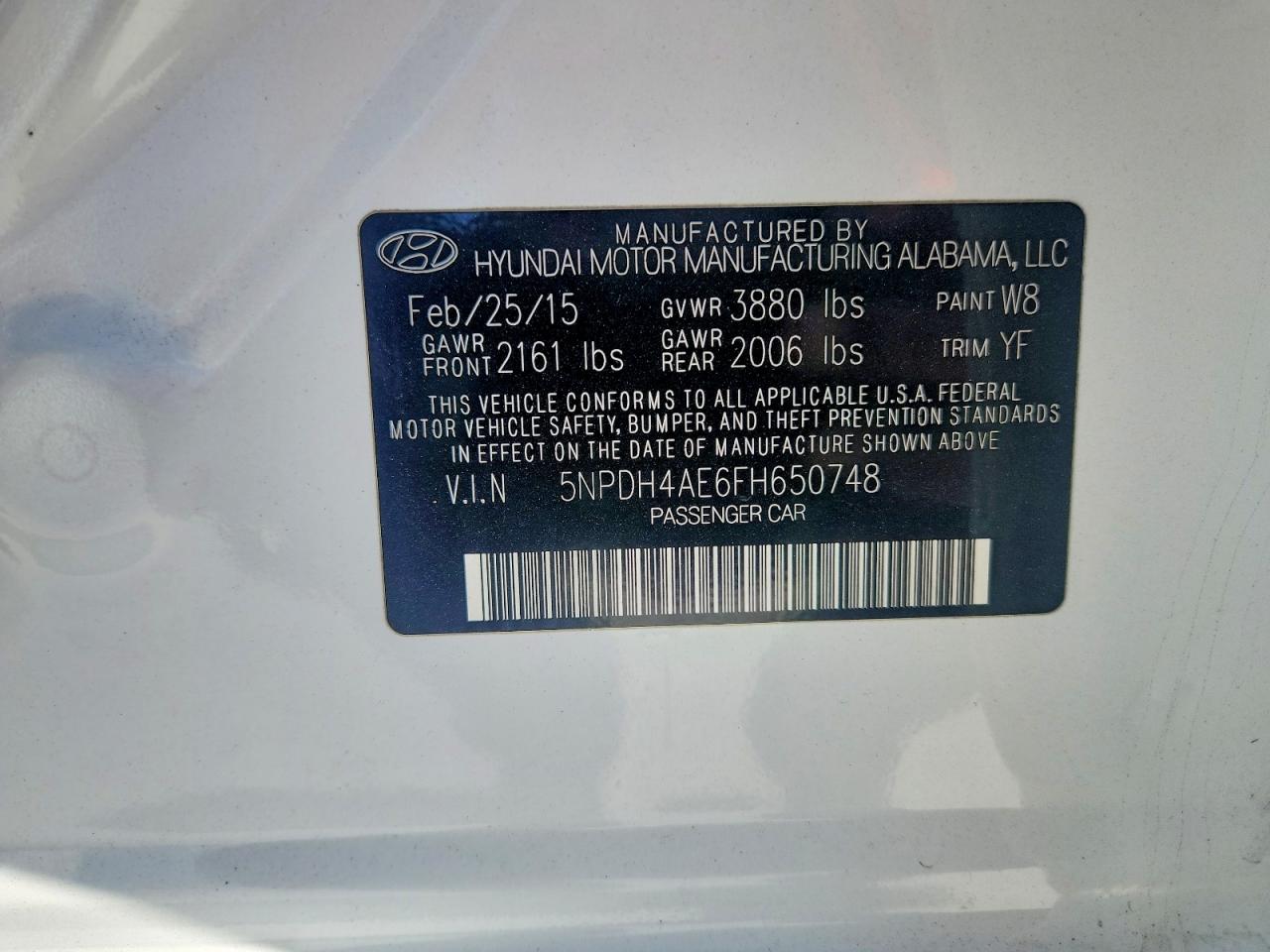 2015 Hyundai Elantra Se White vin: 5NPDH4AE6FH650748