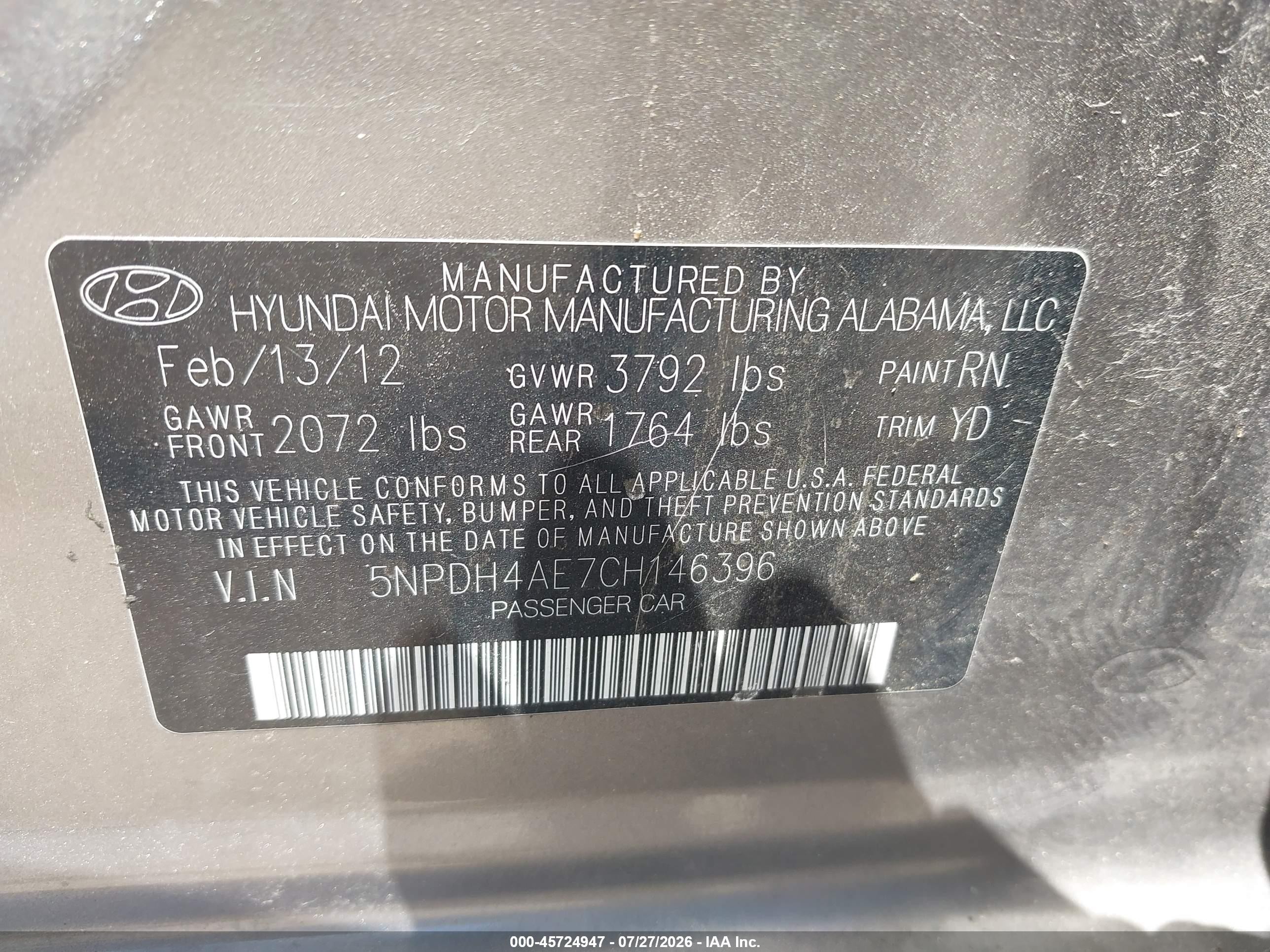 2012 Hyundai Elantra Limited Champagne vin: 5NPDH4AE7CH146396