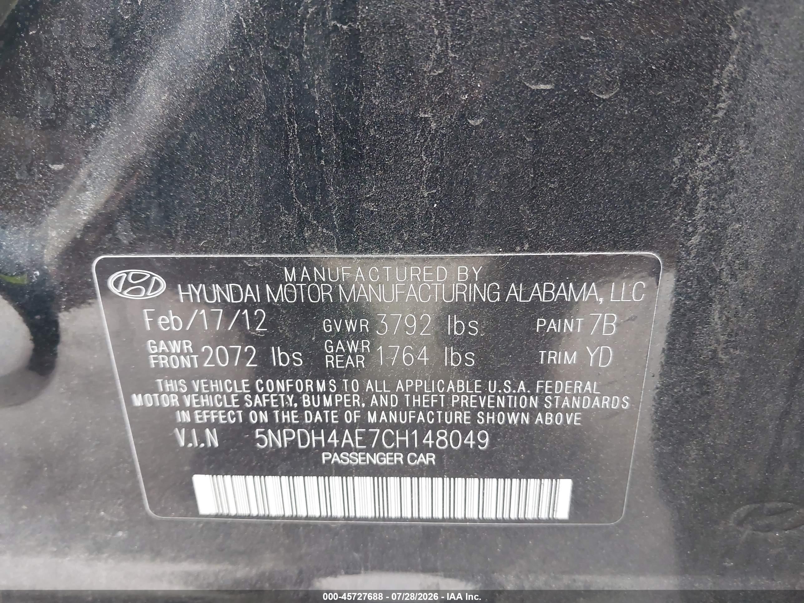 2012 Hyundai Elantra Gls Black vin: 5NPDH4AE7CH148049