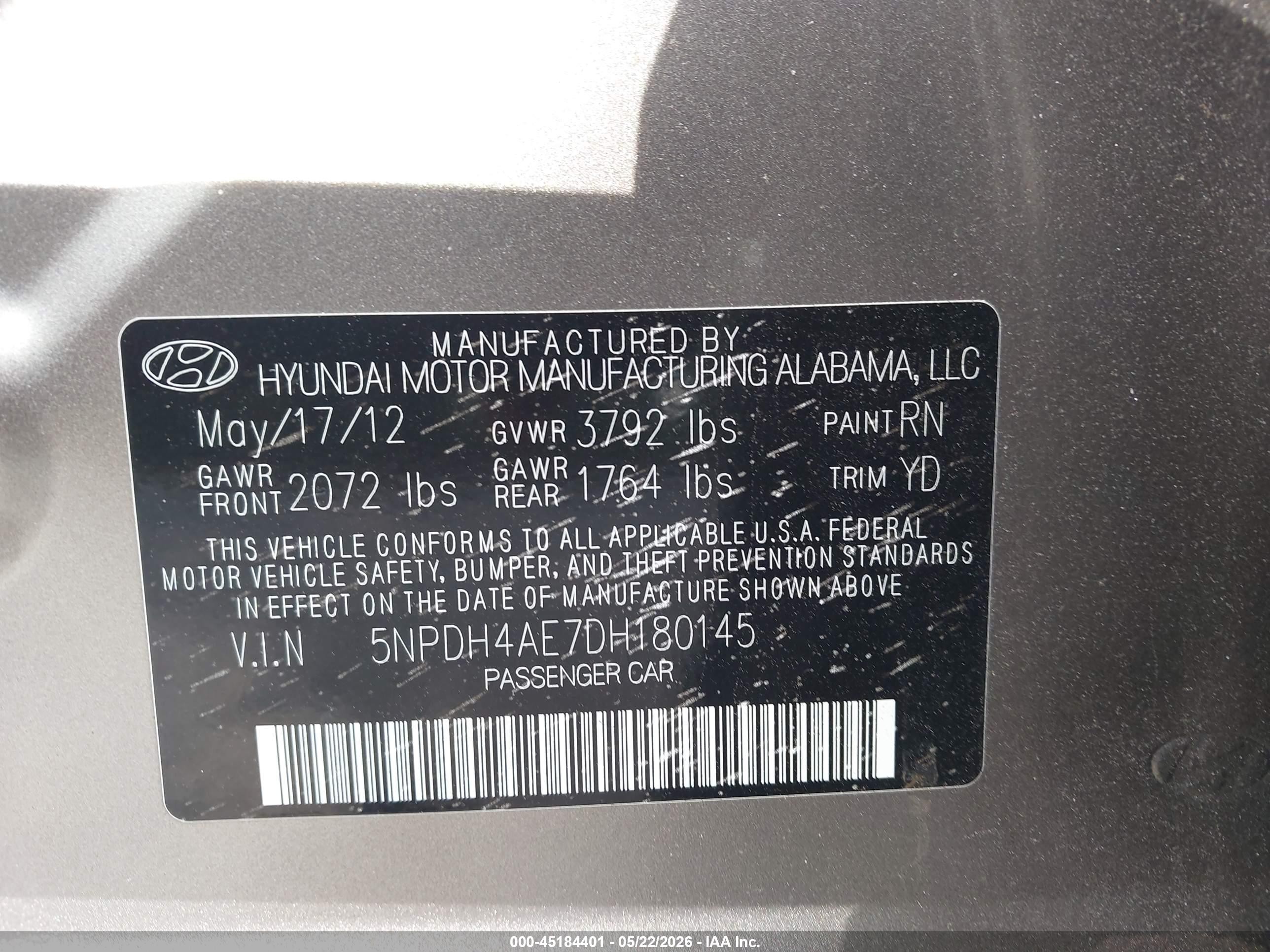 2013 Hyundai Elantra Gls Gray vin: 5NPDH4AE7DH180145
