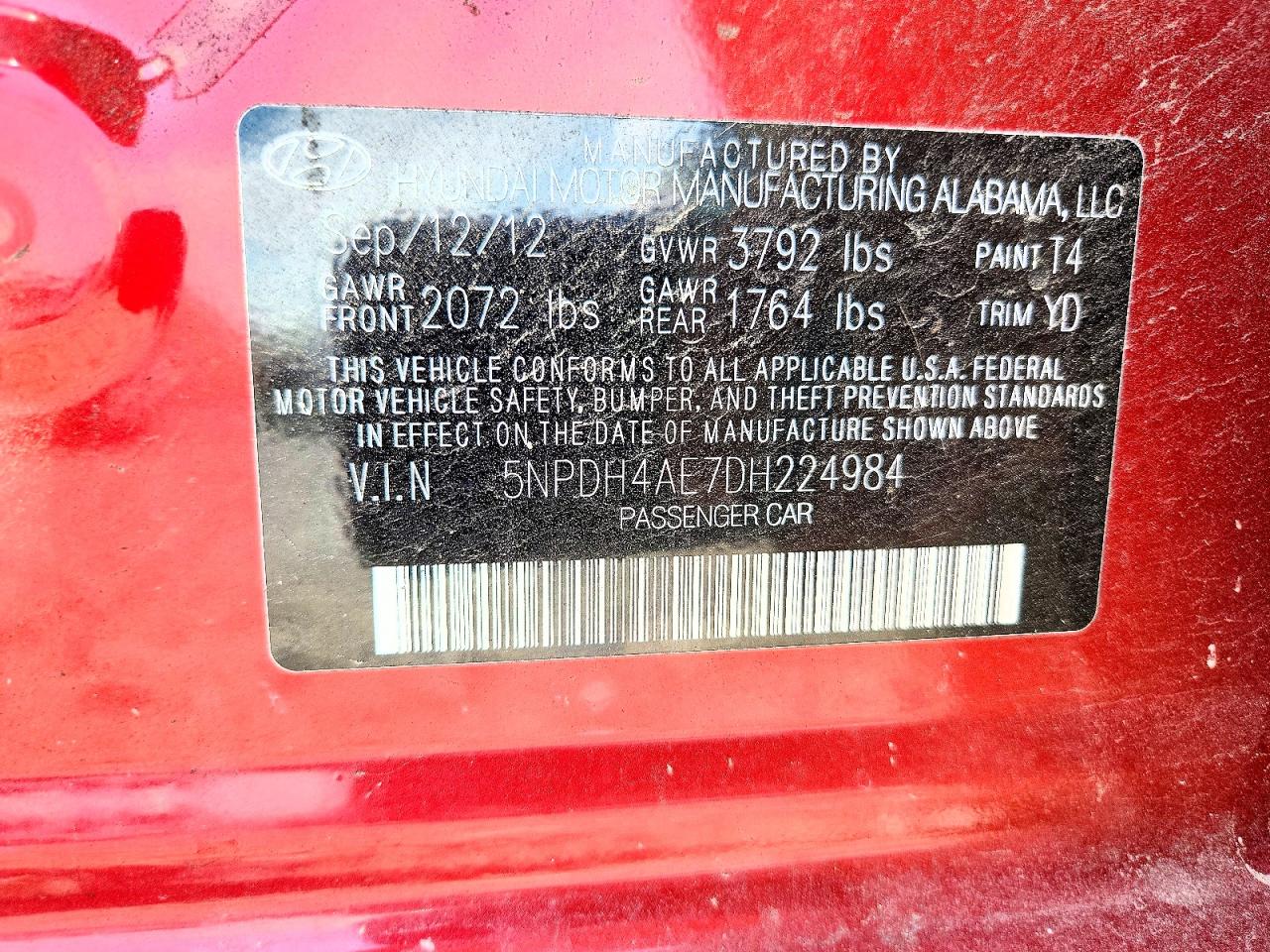 2013 Hyundai Elantra Gls Red vin: 5NPDH4AE7DH224984