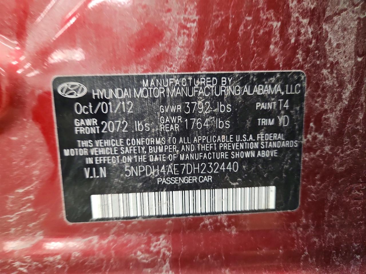 2013 Hyundai Elantra Red vin: 5NPDH4AE7DH232440