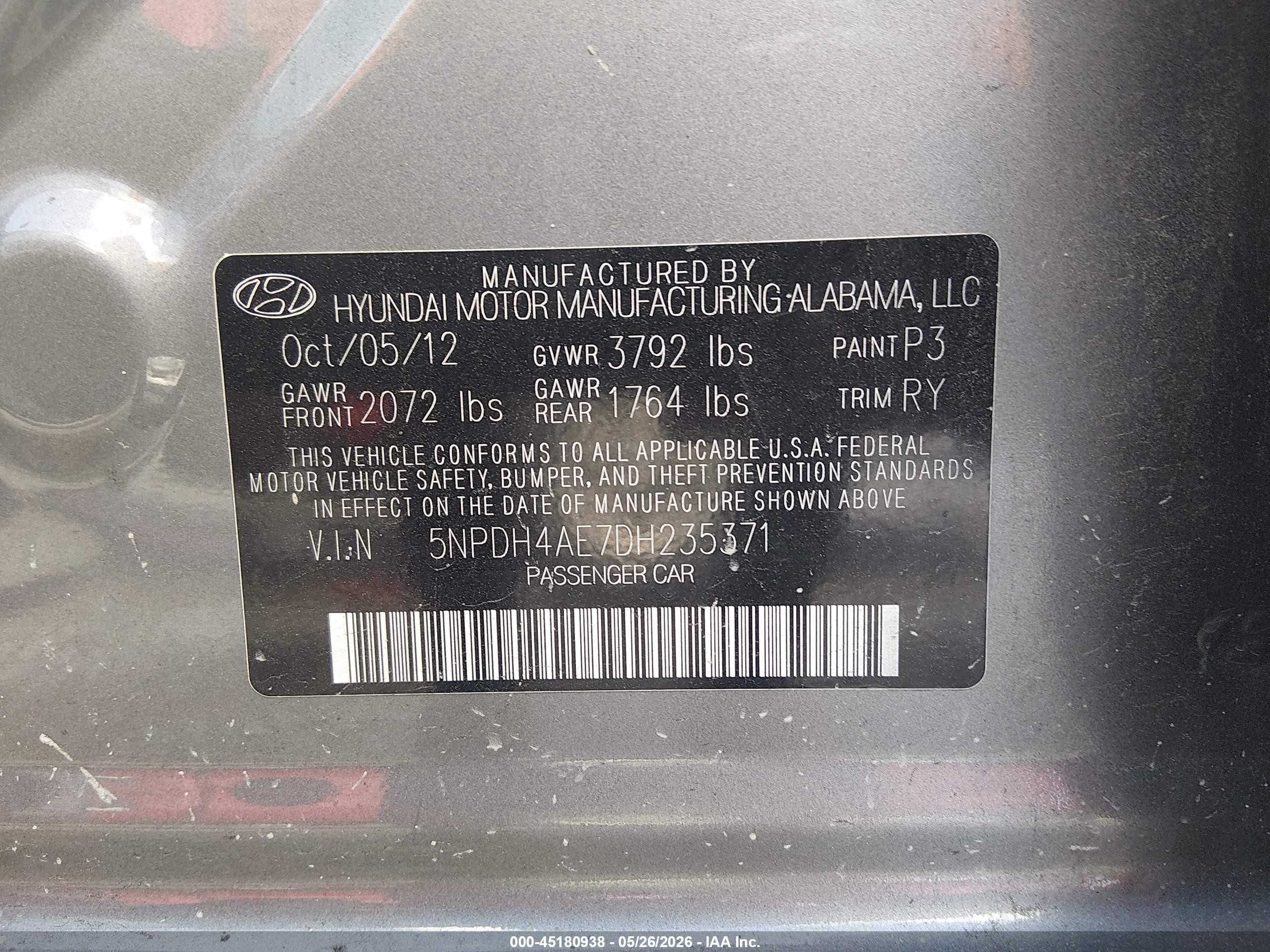 2013 Hyundai Elantra Limited Gray vin: 5NPDH4AE7DH235371