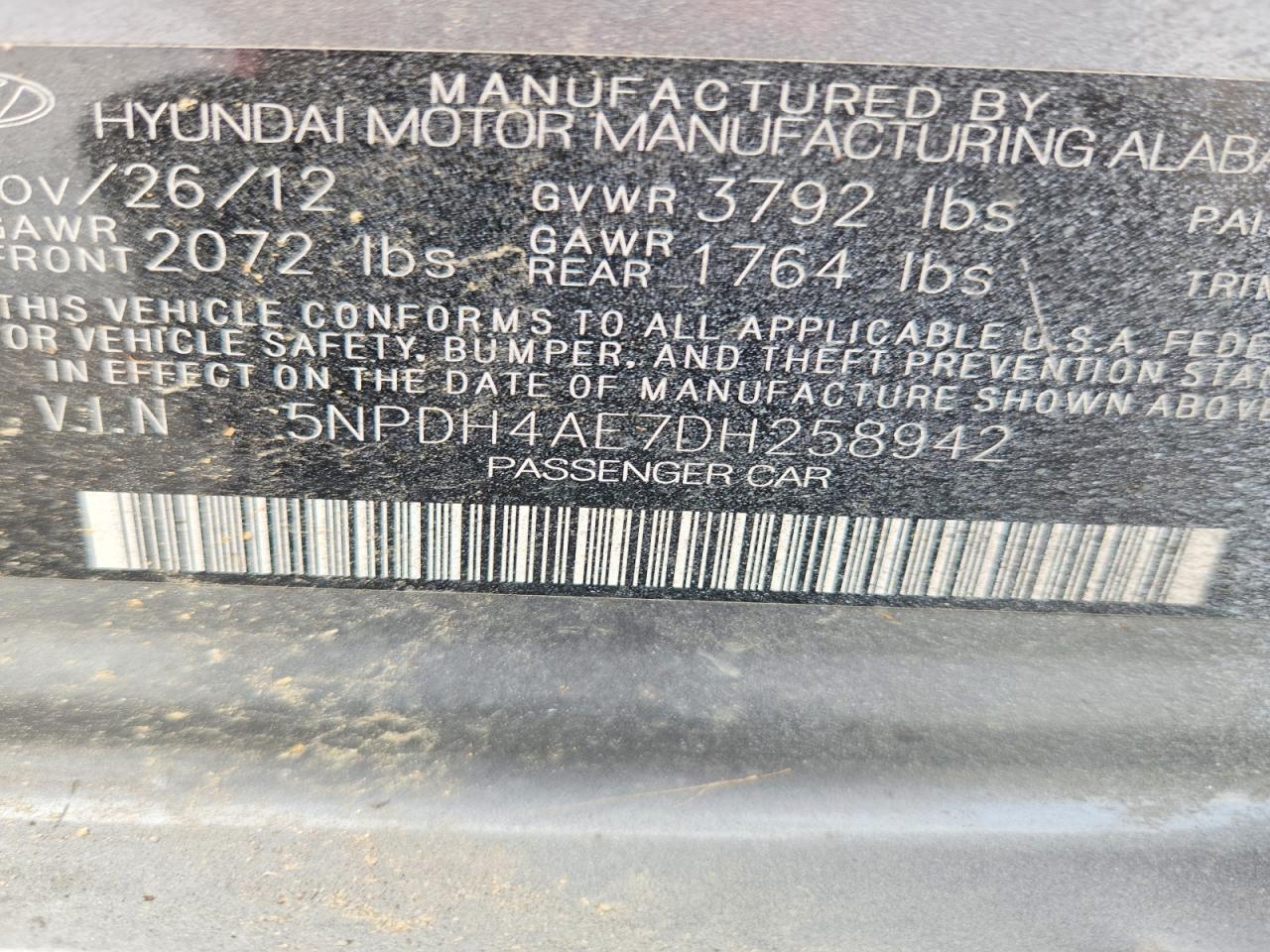 2013 Hyundai Elantra Gls Charcoal vin: 5NPDH4AE7DH258942
