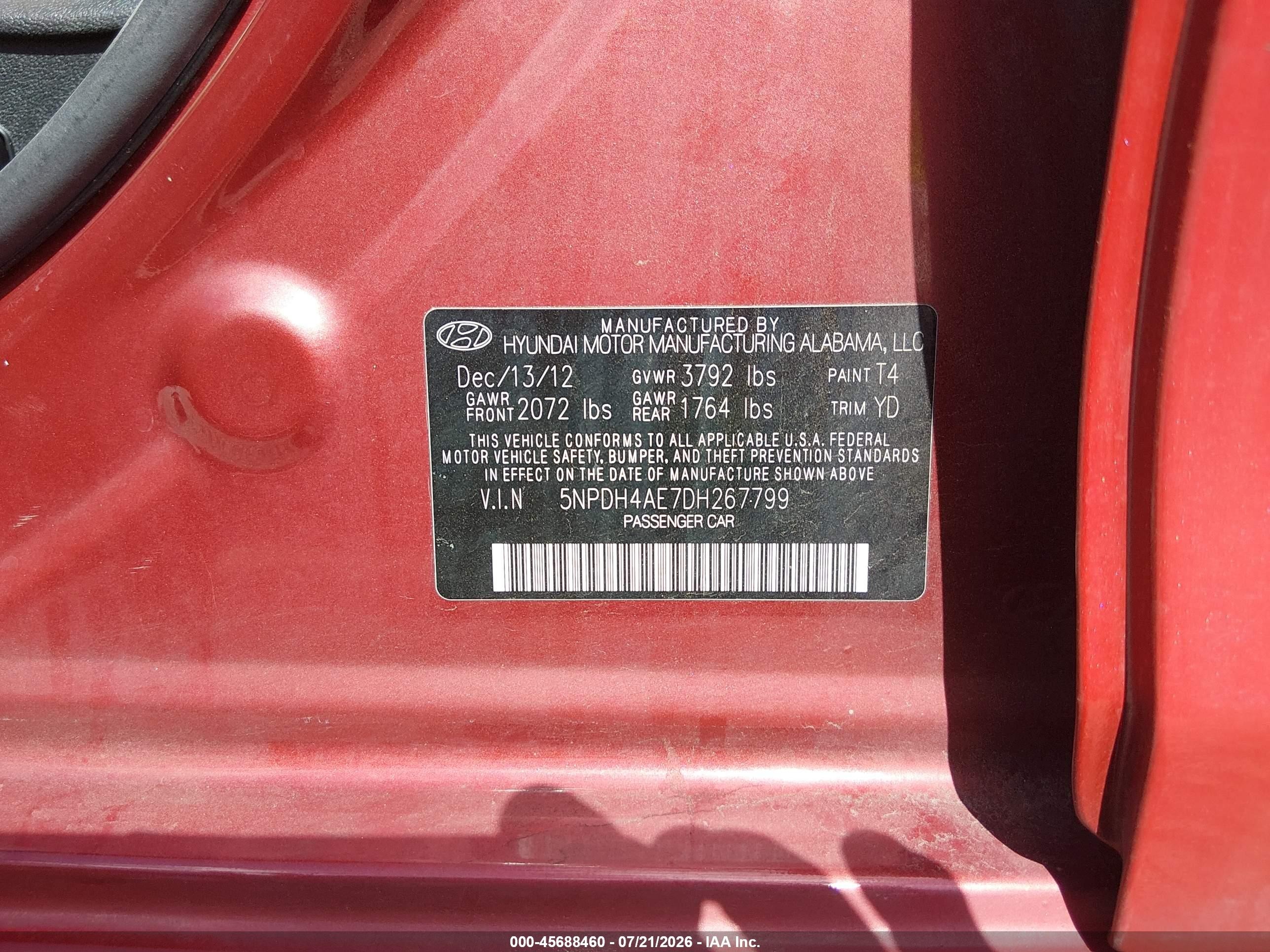 2013 Hyundai Elantra Limited Red vin: 5NPDH4AE7DH267799