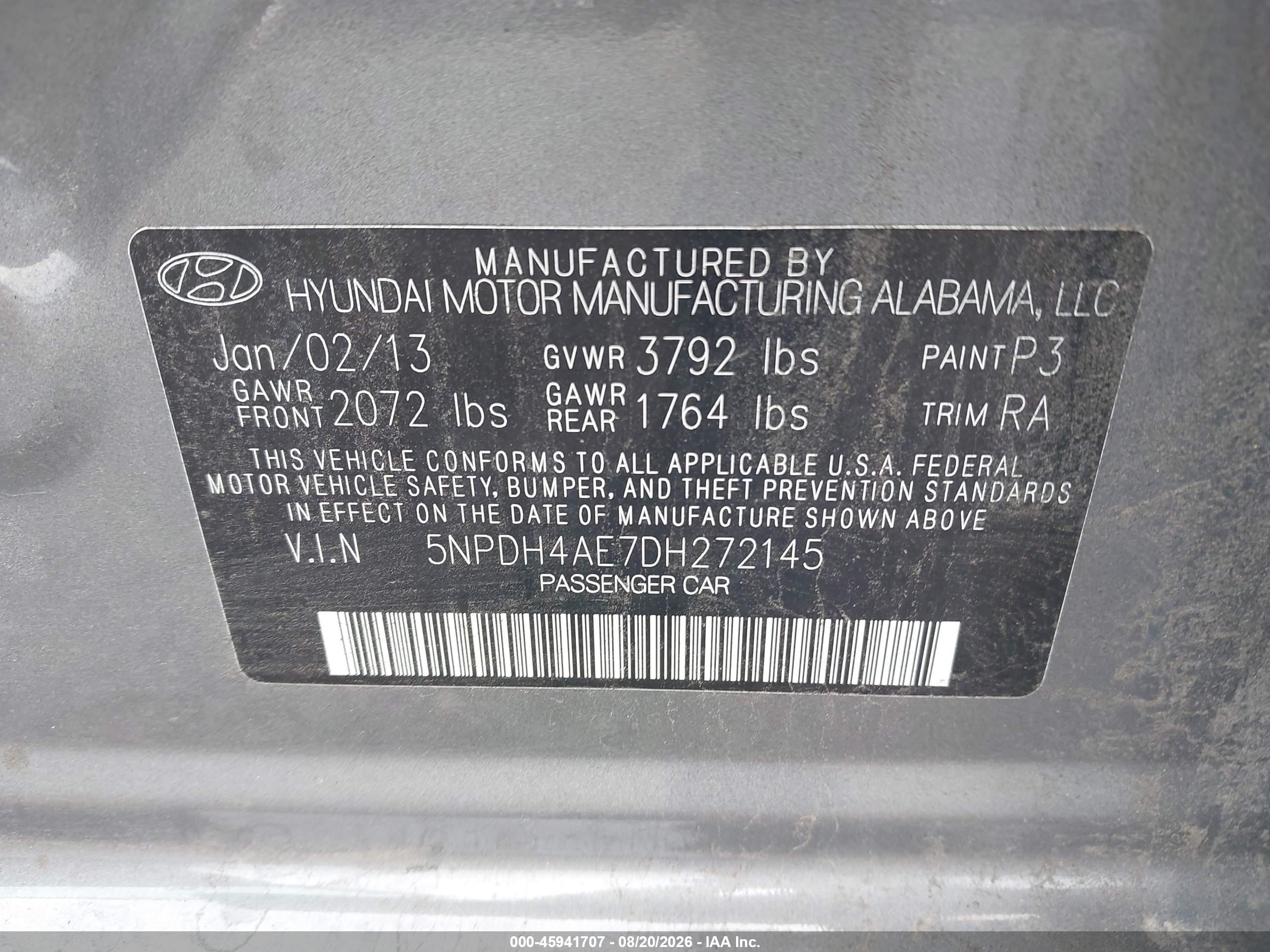 2013 Hyundai Elantra Limited Серый vin: 5NPDH4AE7DH272145