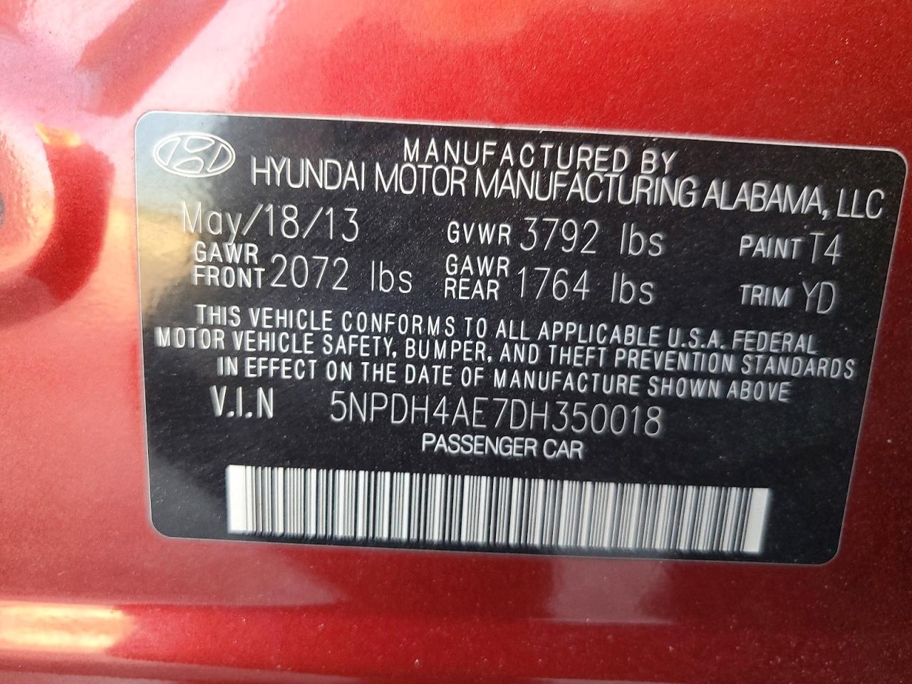 2013 Hyundai Elantra Gls Red vin: 5NPDH4AE7DH350018
